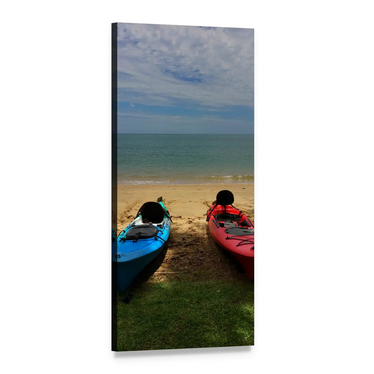 Kayaks on Tropical Beach Vertical Canvas Wall Art, 1 panel 1 Vertical layout gallery wrapped canvas set, angled product view