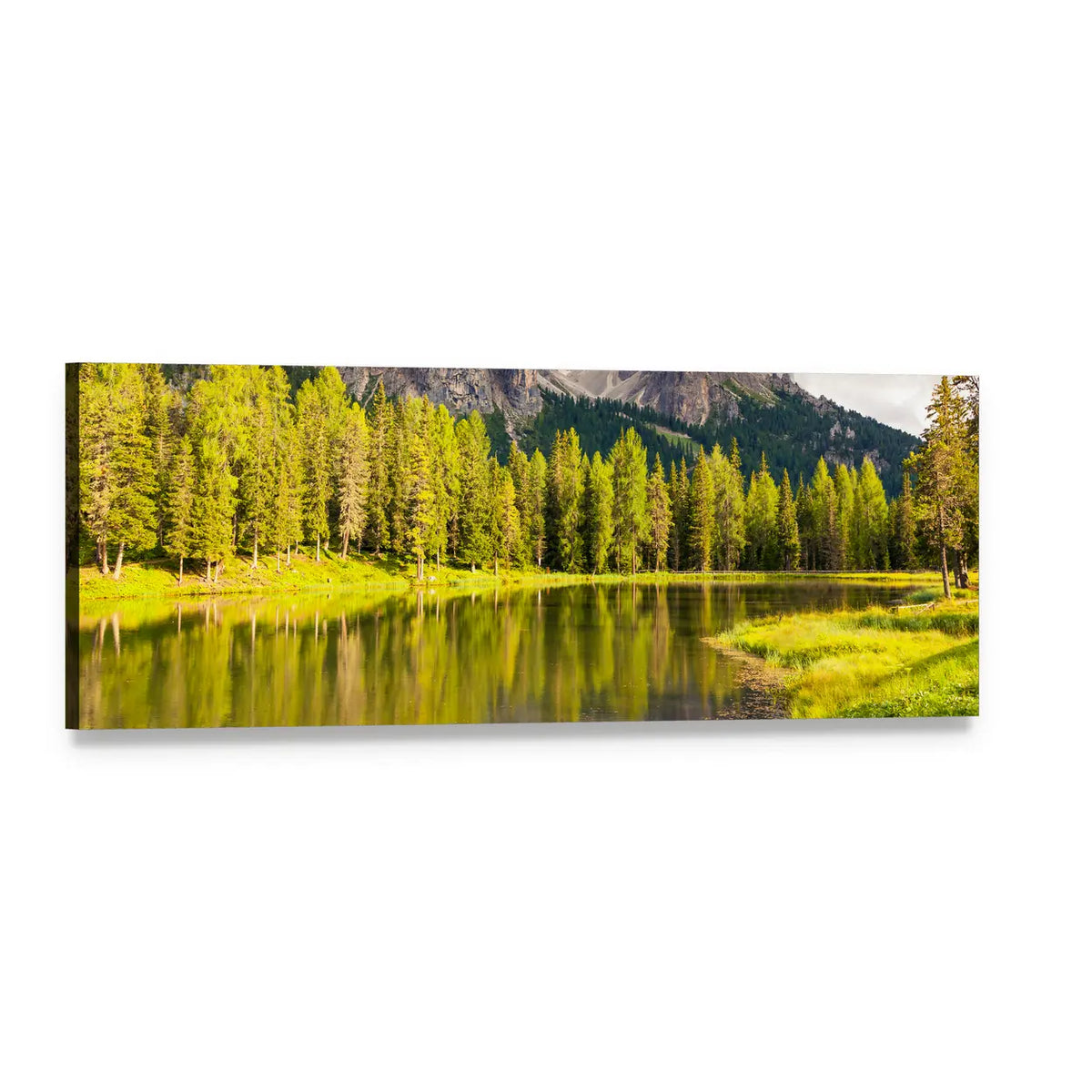 Mirror Lake with Evergreen Shoreline Panoramic Canvas Wall Art, single panel gallery wrapped canvas, angled product view