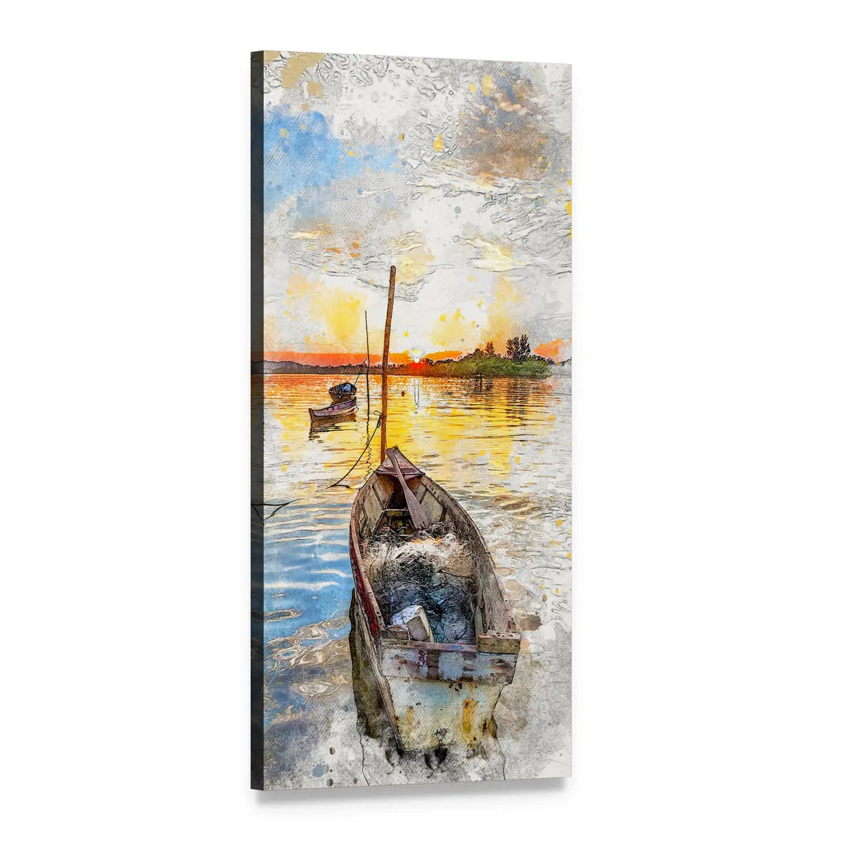 Wooden Boat at Sunset Over Islands Vertical Canvas Wall Art, 1 panel 1 Vertical layout gallery wrapped canvas set, angled product view