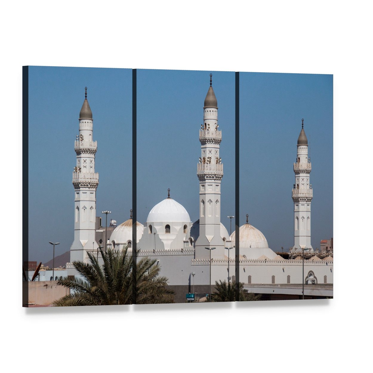 Quba Mosque in Al Medina Canvas Wall Art, 3 panel 3 Horizontal layout gallery wrapped canvas set, angled product view