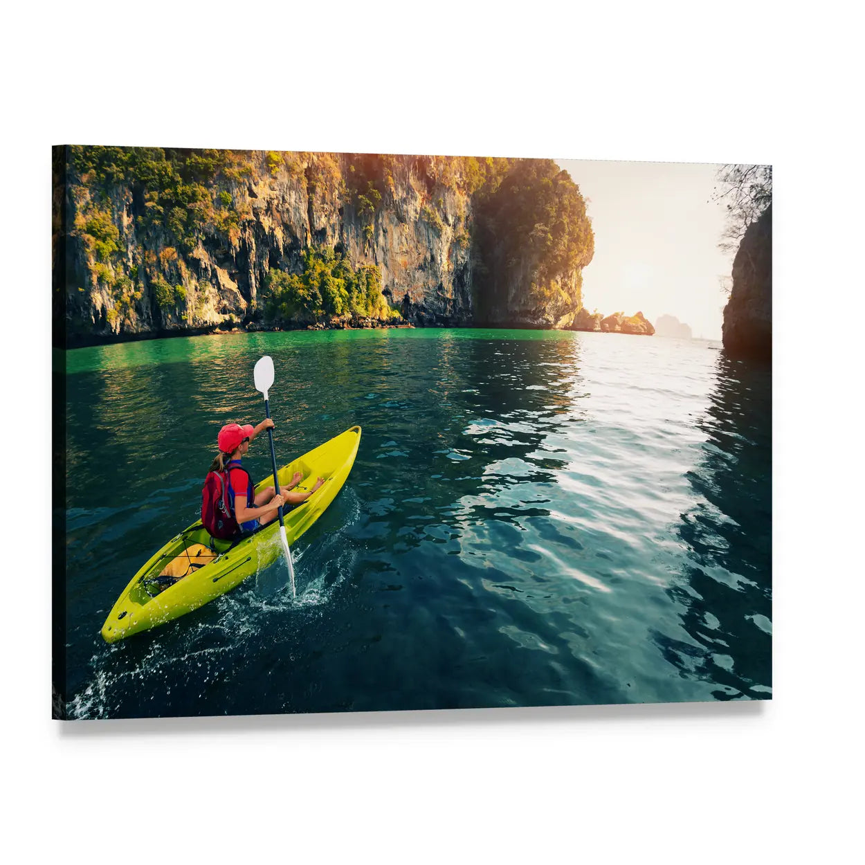 Woman in Yellow Kayak Over Turquoise Water Canvas Wall Art, single panel gallery wrapped canvas, angled product view