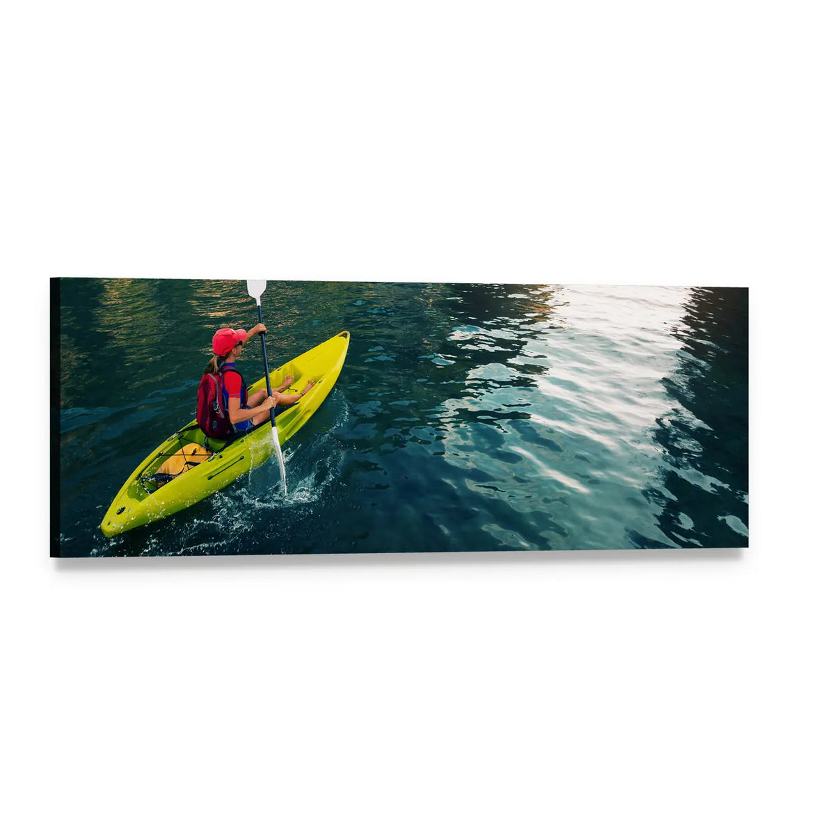 Kayaker in Bright Yellow Kayak Panoramic Canvas Wall Art, single panel gallery wrapped canvas, angled product view