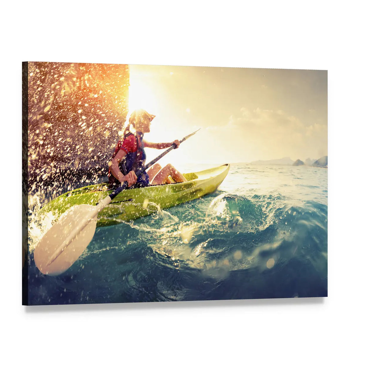 Woman in Yellow Kayak Canvas Wall Art, single panel gallery wrapped canvas, angled product view