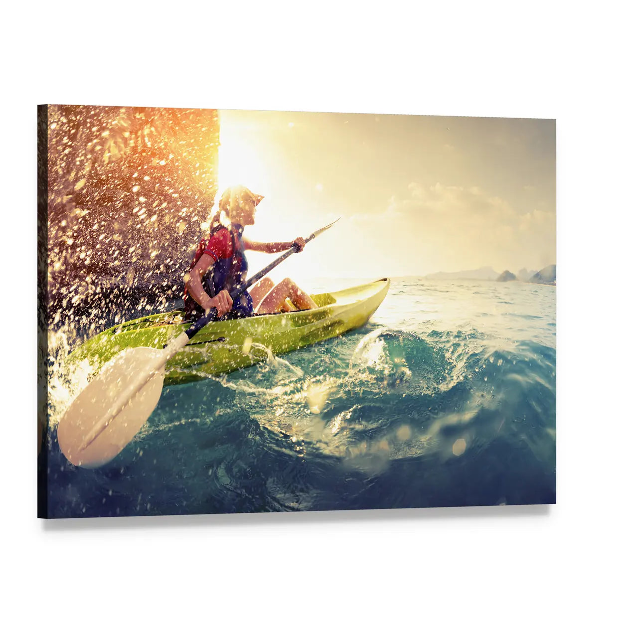 Woman in Yellow Kayak Canvas Wall Art, single panel gallery wrapped canvas, angled product view