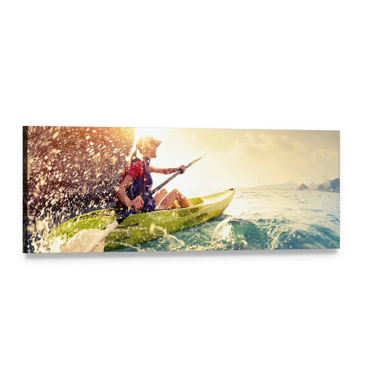 Woman Kayaker with Splash at Golden Hour Panoramic Canvas Wall Art, single panel gallery wrapped canvas, angled product view