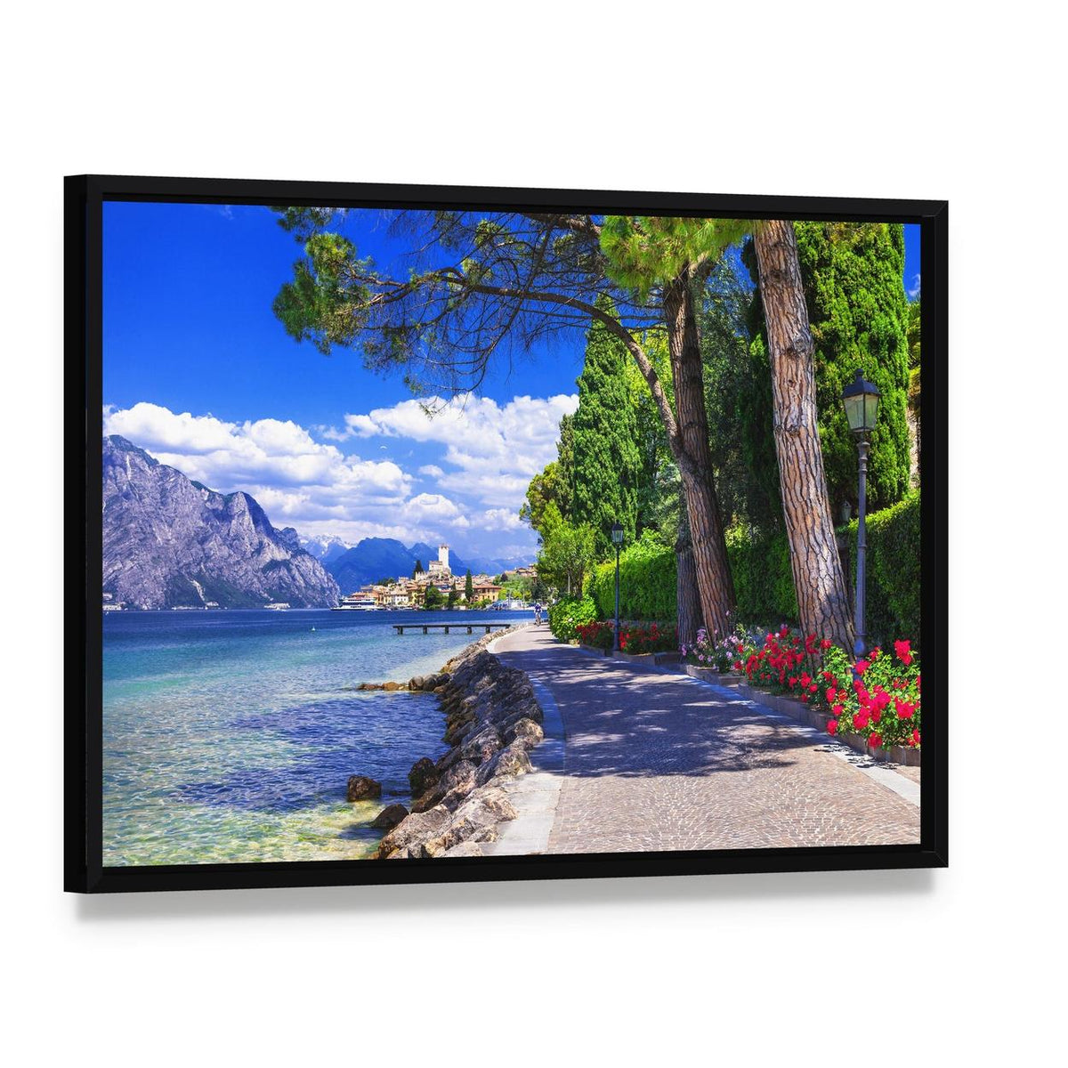 Lakefront Mountain Landscape with Pathway Canvas Wall Art, framed canvas in a black floater frame, angled product view