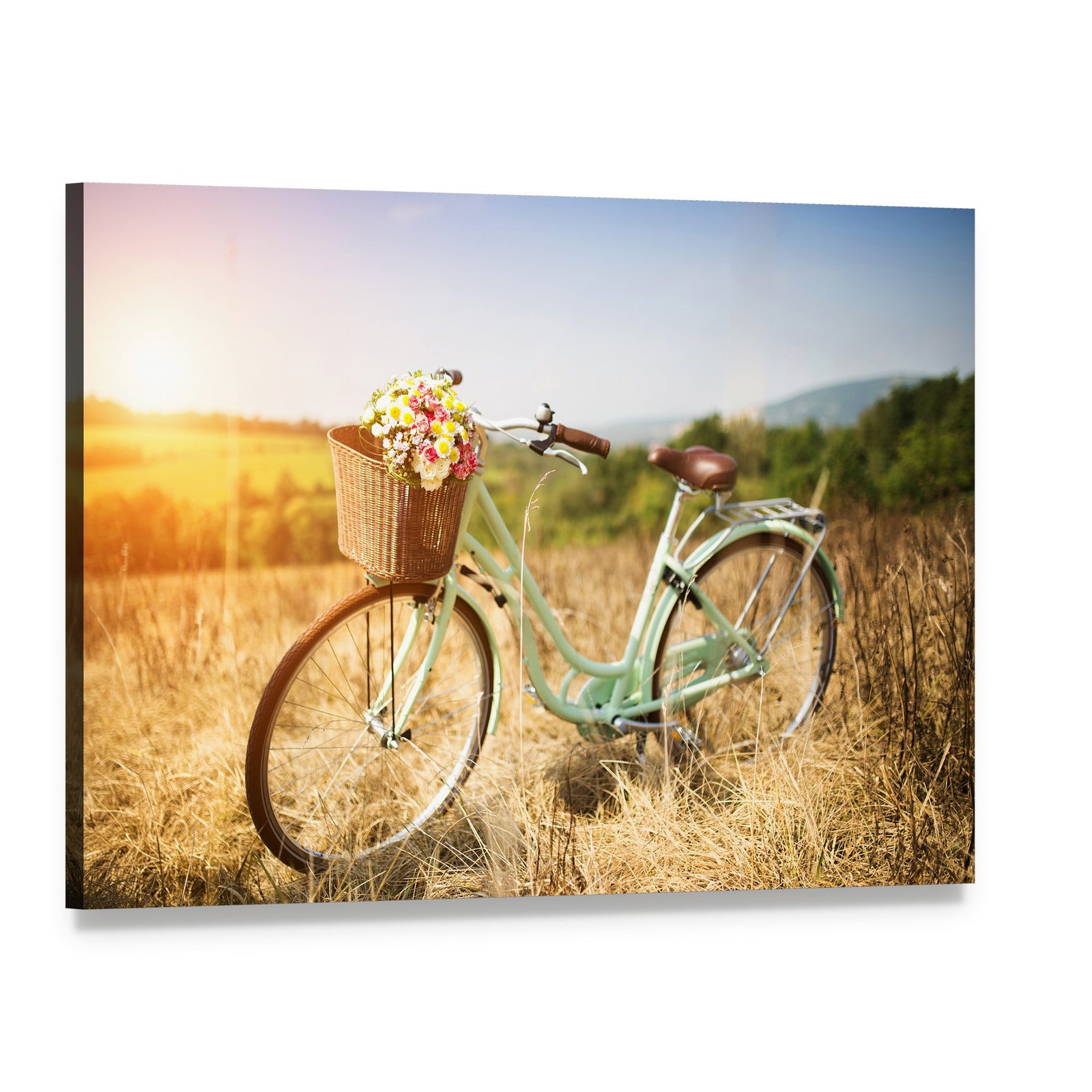 Vintage Bicycle with Flower Basket in Field Canvas Wall Art, single panel gallery wrapped canvas, angled product view