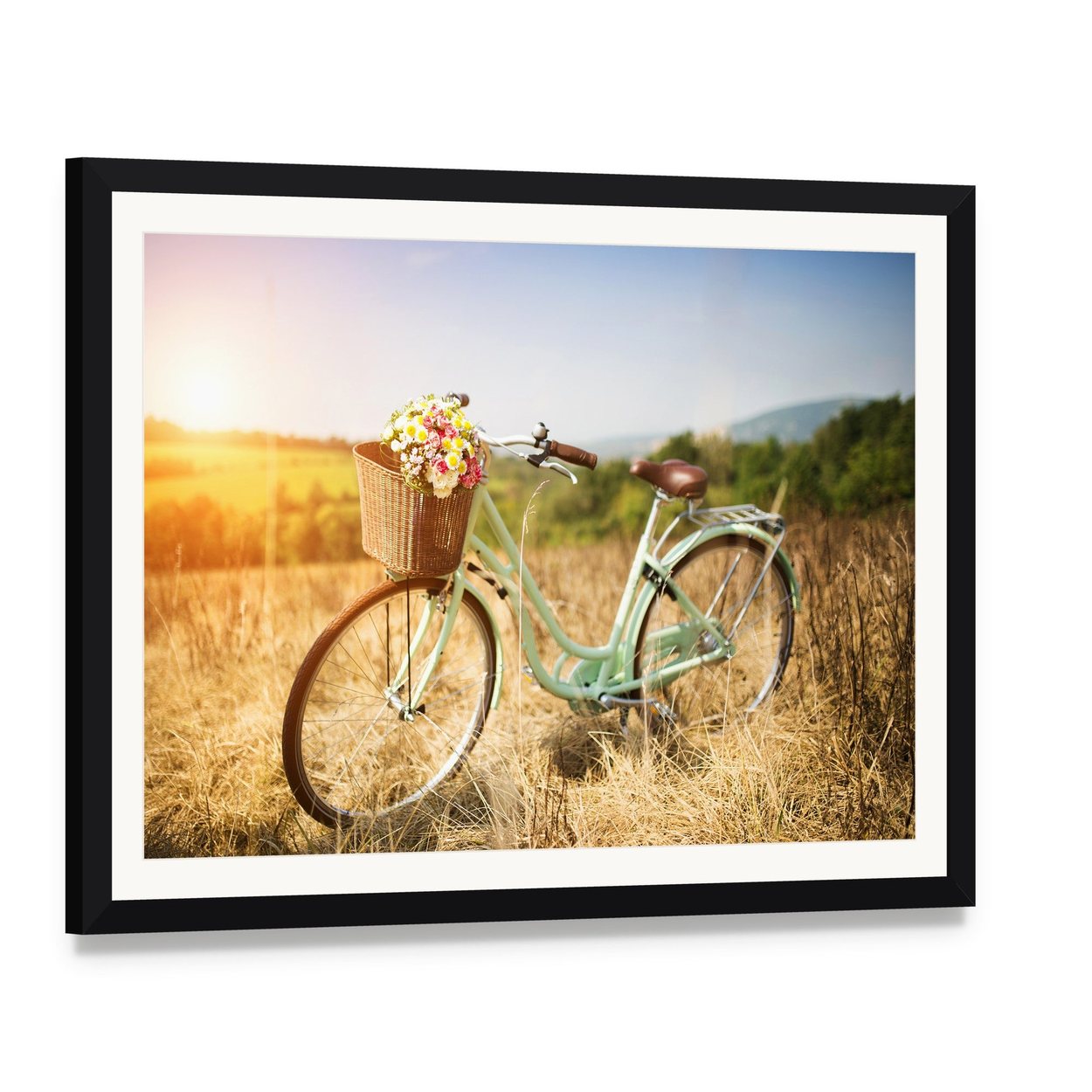 Vintage Bicycle with Flower Basket in Field Canvas Wall Art, framed print with white mat and black frame, angled product view