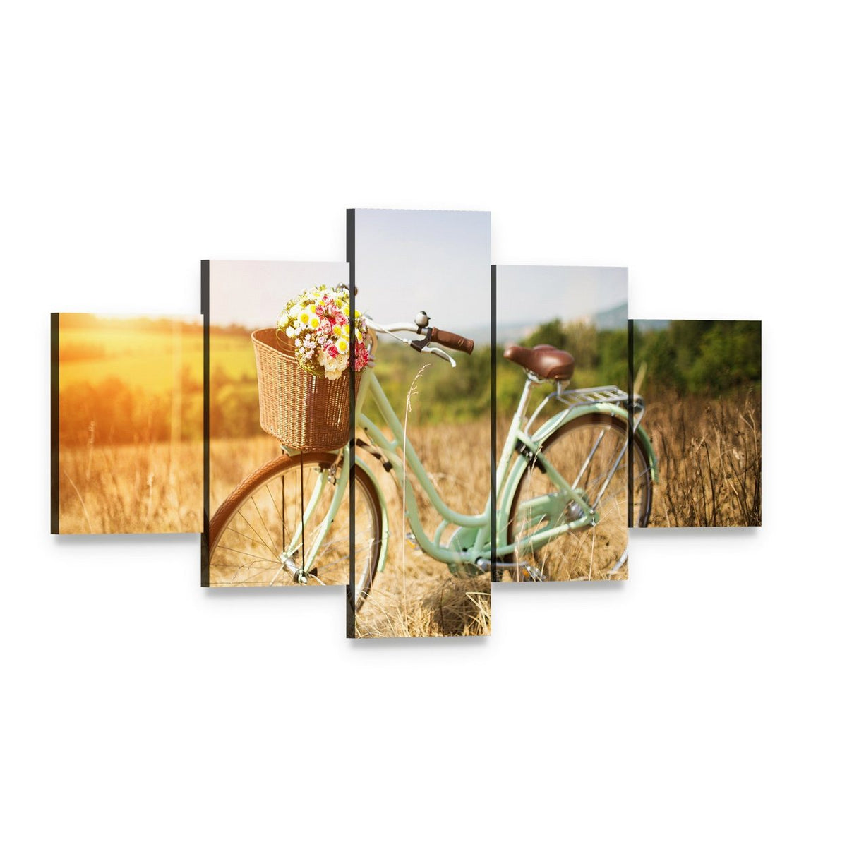 Vintage Bicycle with Flower Basket in Field Canvas Wall Art, 5 panel 5 Star layout gallery wrapped canvas set, angled product view