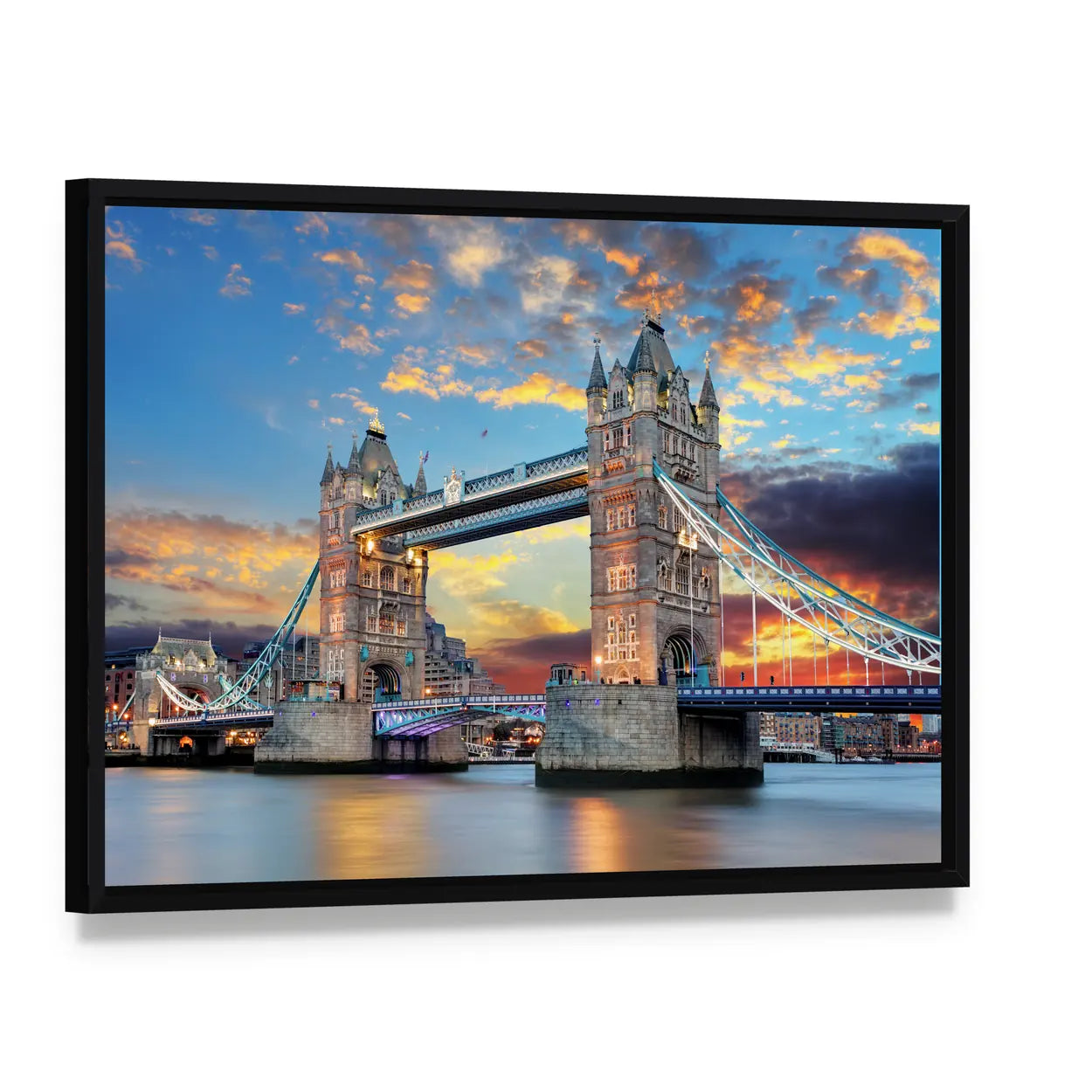 Tower Bridge at Sunset, London Canvas Wall Art, framed canvas in a black floater frame, angled product view