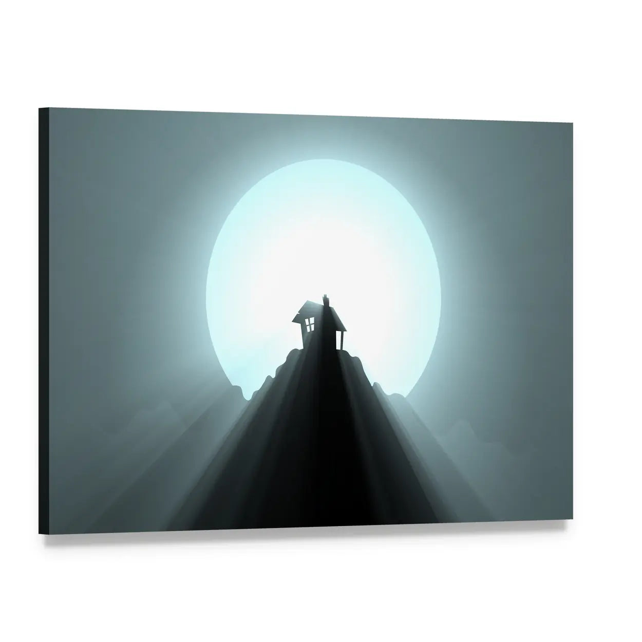 Halloween House Under Giant Moon Canvas Wall Art, single panel gallery wrapped canvas, angled product view