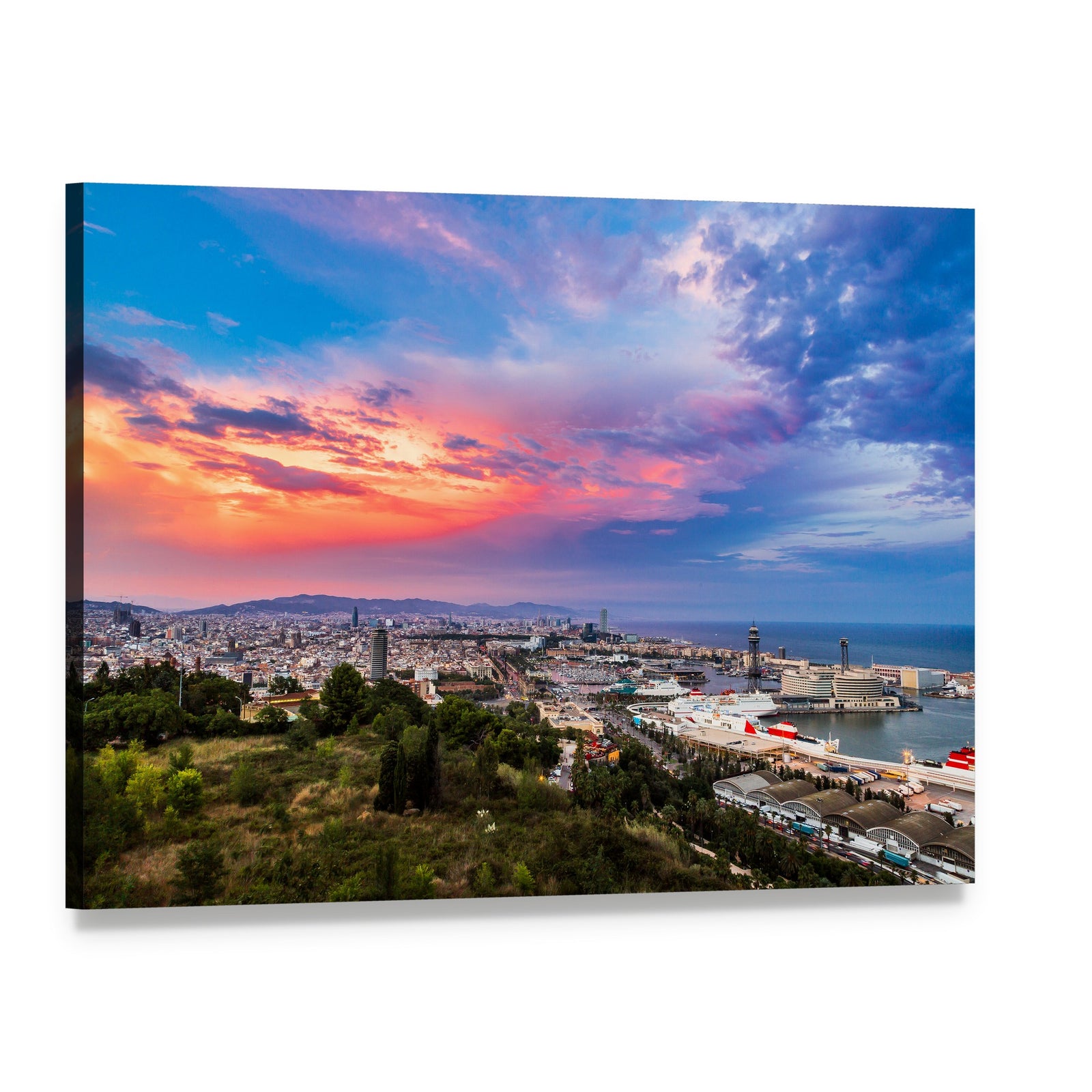 Sunset Over Barcelona Harbor Canvas Wall Art, single panel gallery wrapped canvas, angled product view
