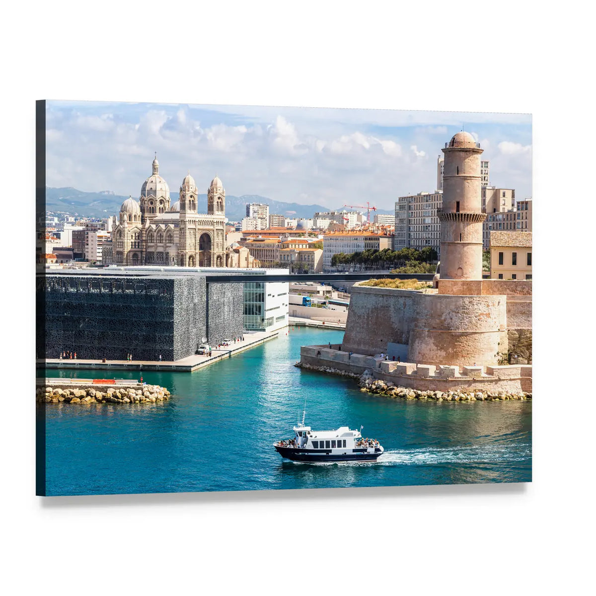 Fort Saint-jean and Cathédrale La Major Canvas Wall Art, single panel gallery wrapped canvas, angled product view
