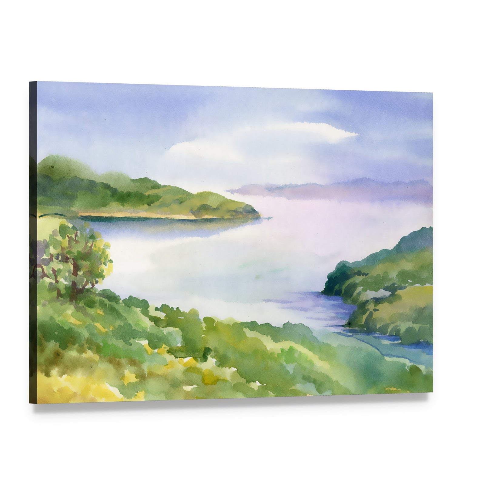 Watercolor River Nature Landscape Canvas Wall Art, single panel gallery wrapped canvas, angled product view
