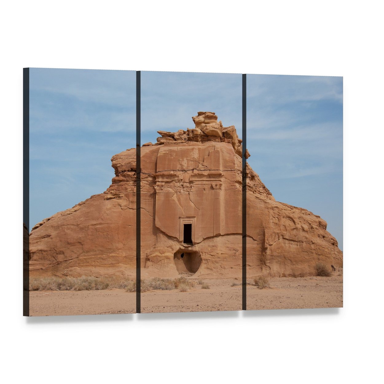 Nabataean Rock Tomb Canvas Wall Art, 3 panel 3 Horizontal layout gallery wrapped canvas set, angled product view