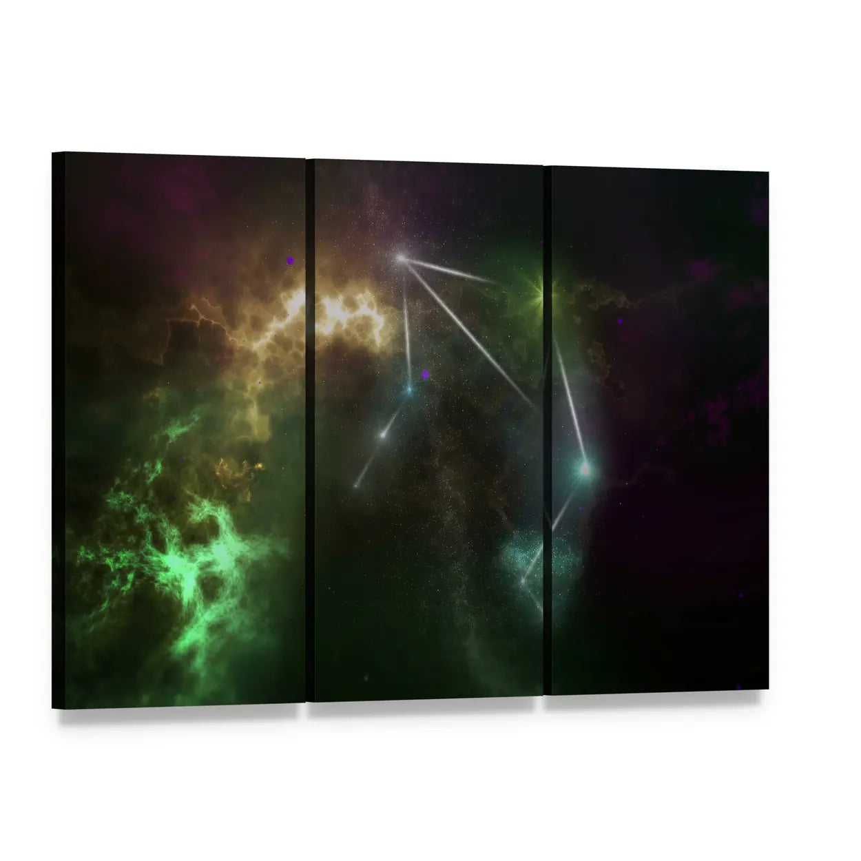 Libra Constellation Over Nebula Canvas Wall Art, 3 panel 3 Horizontal layout gallery wrapped canvas set, angled product view