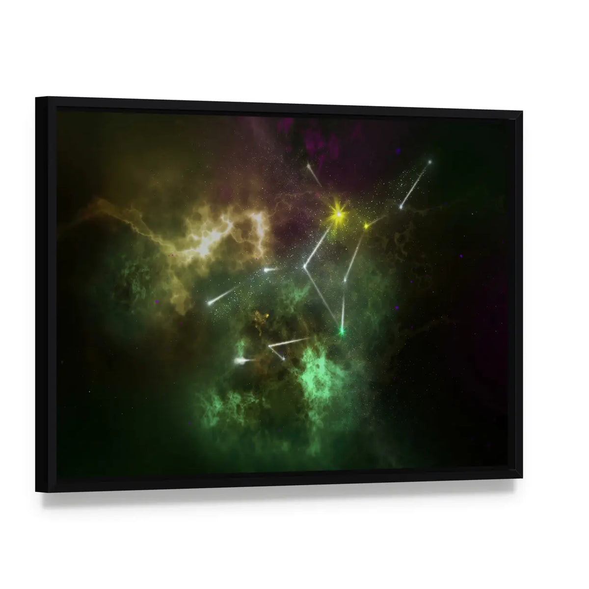 Virgo Constellation Nebula Canvas Wall Art, framed canvas in a black floater frame, angled product view
