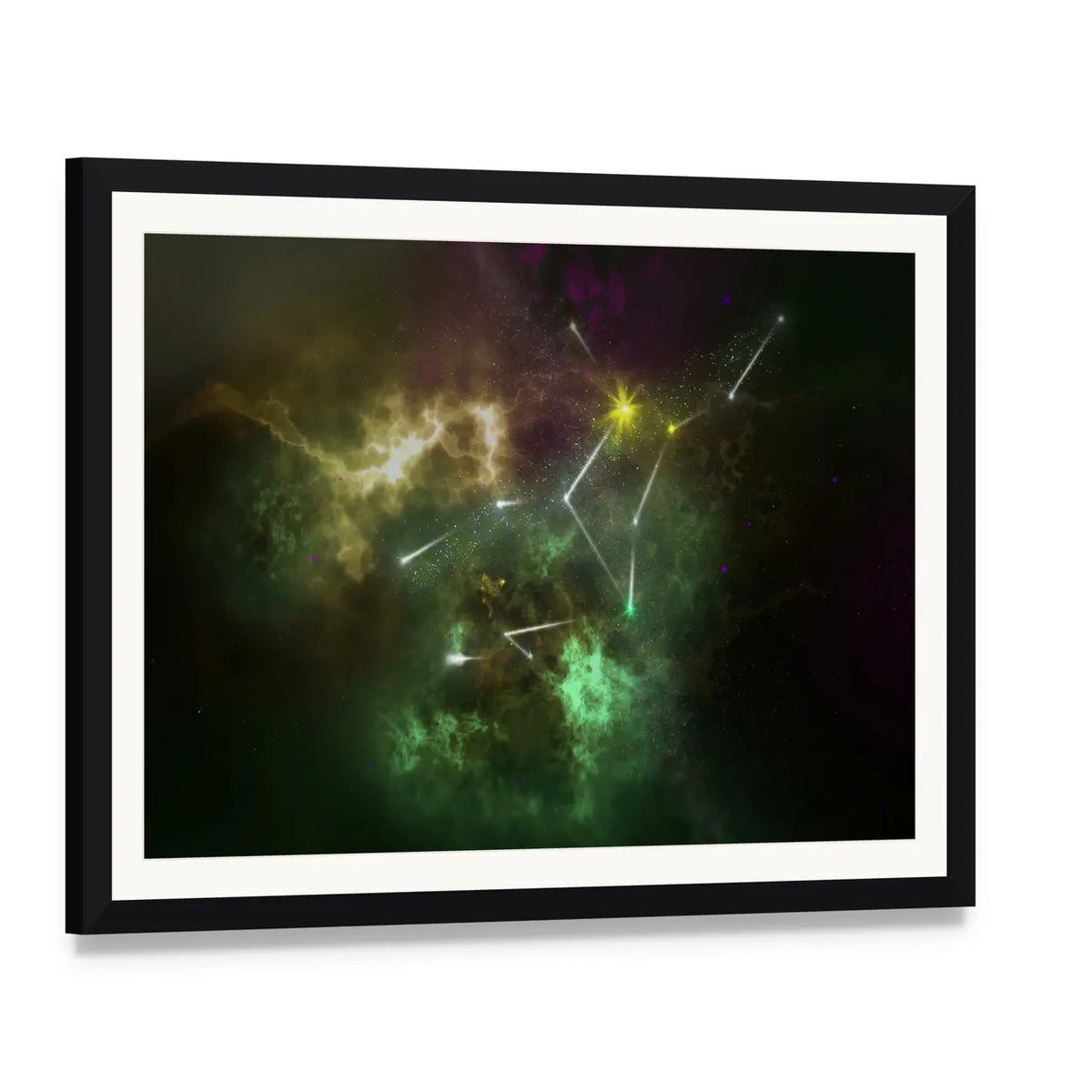 Virgo Constellation Nebula Canvas Wall Art, framed print with white mat and black frame, angled product view