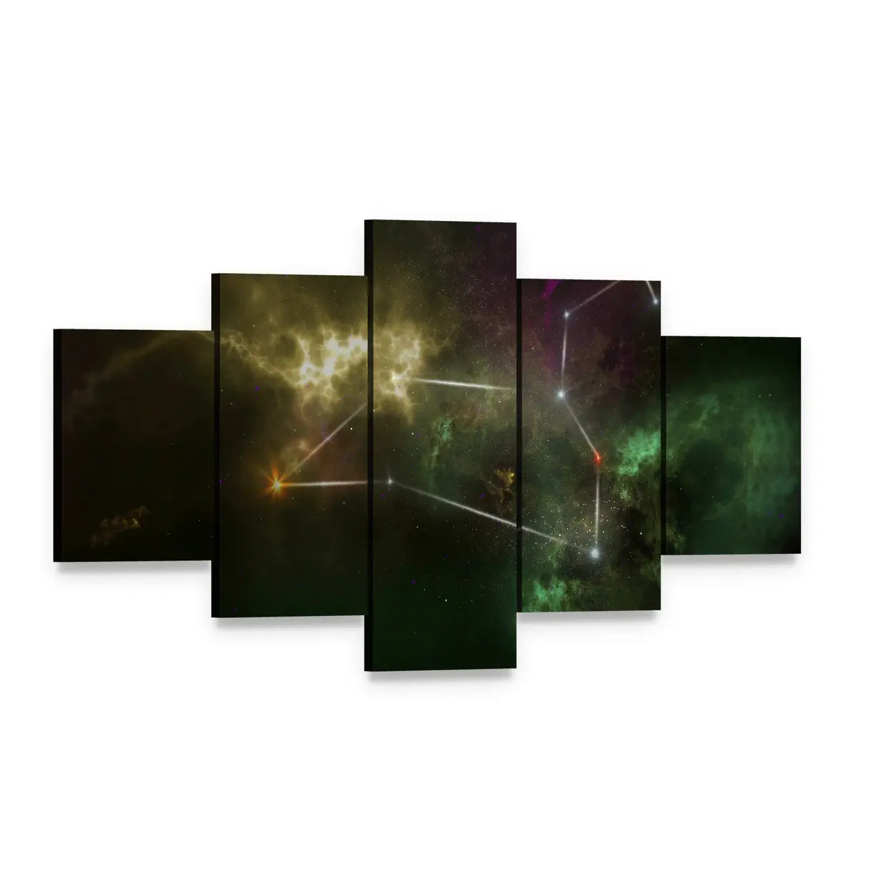 Leo Constellation Nebula Canvas Wall Art, 5 panel 5 Star layout gallery wrapped canvas set, angled product view