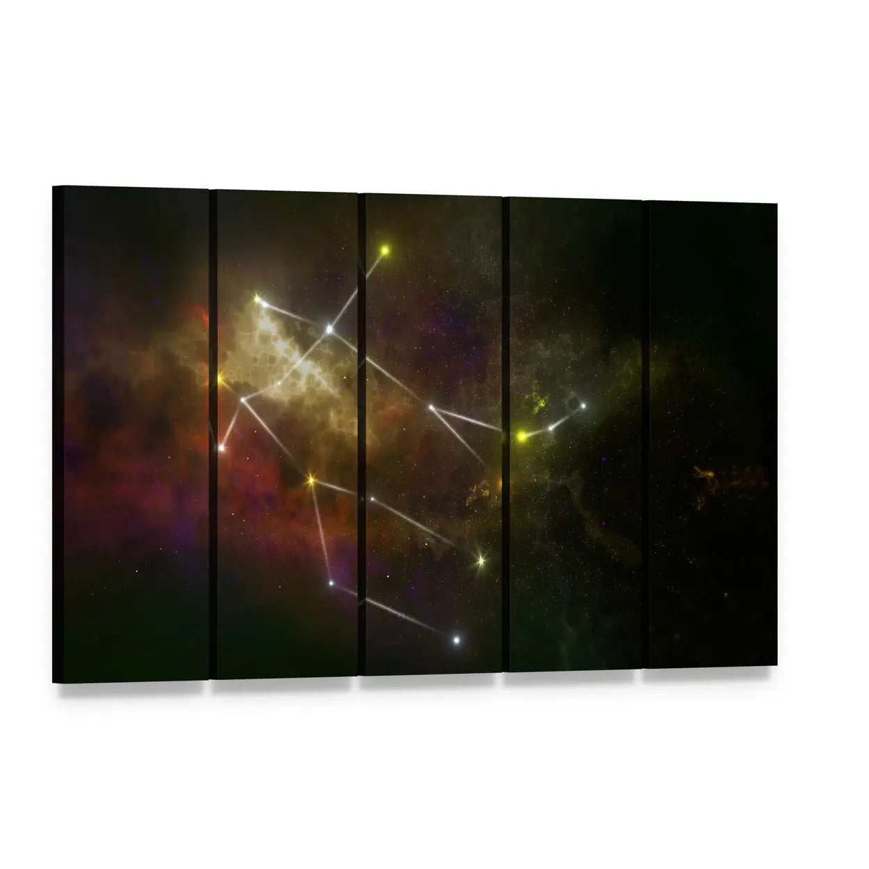Gemini Constellation in Nebula Canvas Wall Art, 5 panel 5 Horizontal layout gallery wrapped canvas set, angled product view