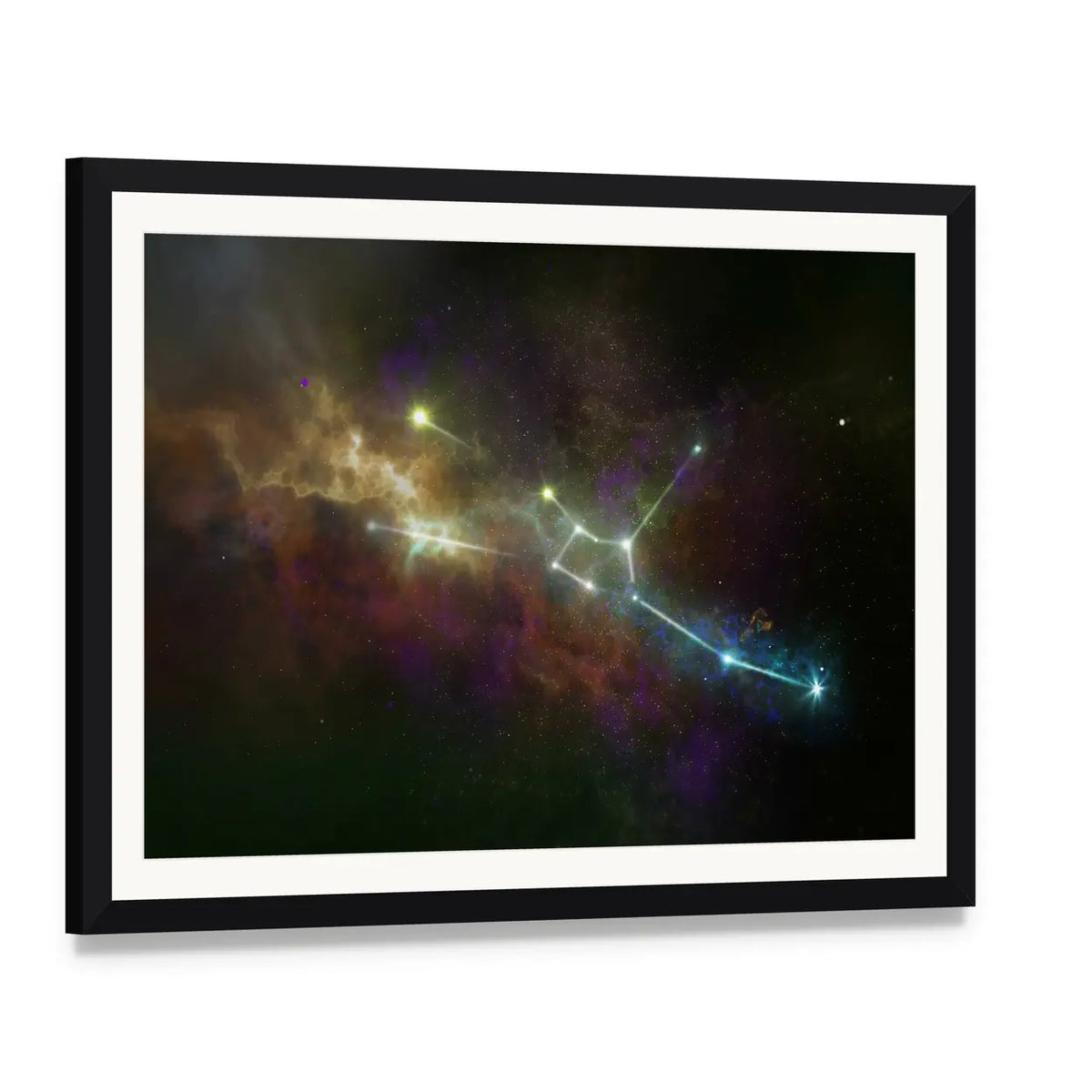 Taurus Constellation Nebula Canvas Wall Art, framed print with white mat and black frame, angled product view