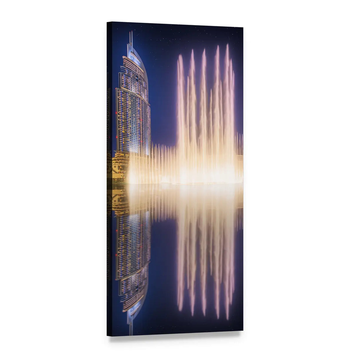Burj Khalifa Dancing Fountains Vertical Canvas Wall Art, 1 panel 1 Vertical layout gallery wrapped canvas set, angled product view