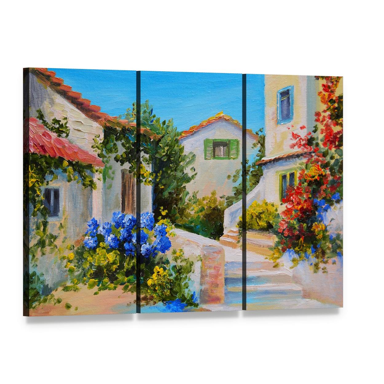 Houses Near the Sea Canvas Wall Art, 3 panel 3 Horizontal layout gallery wrapped canvas set, angled product view