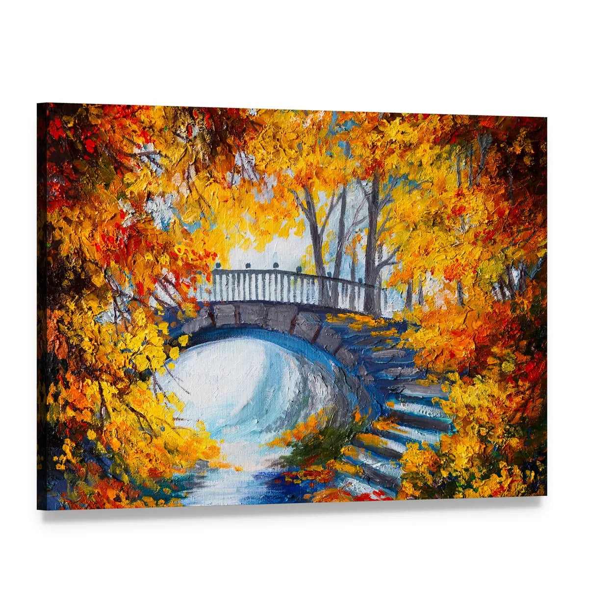 Autumn Road and Forest Bridge Canvas Wall Art, single panel gallery wrapped canvas, angled product view