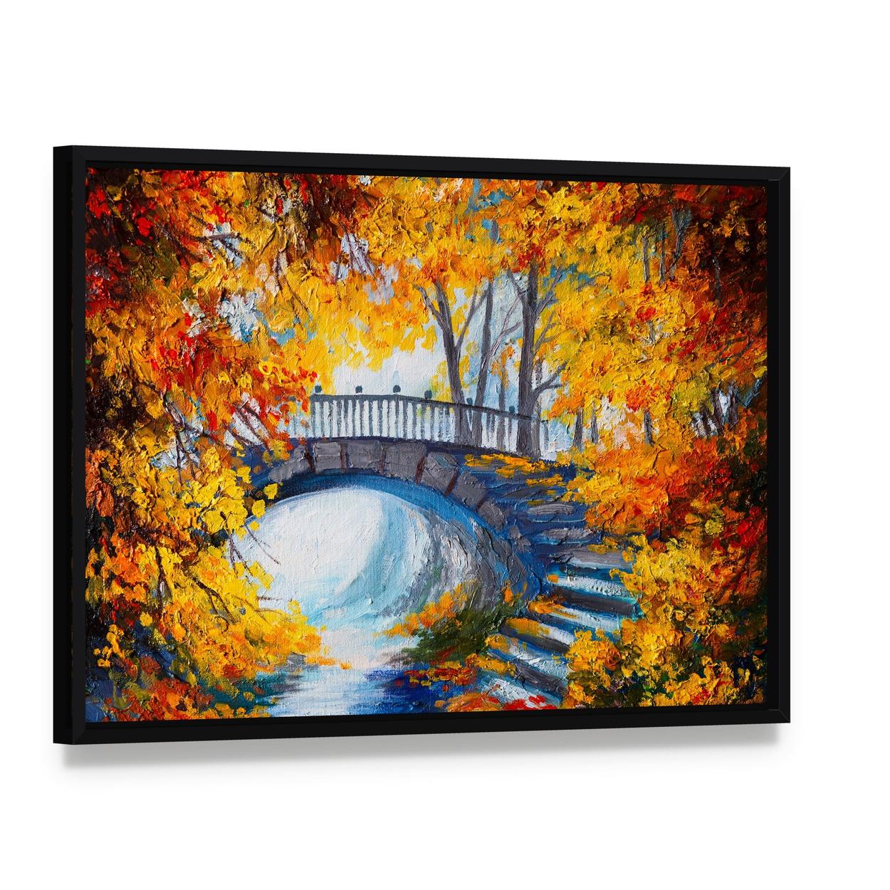 Autumn Forest with Bridge Canvas Wall Art, framed canvas in a black floater frame, angled product view