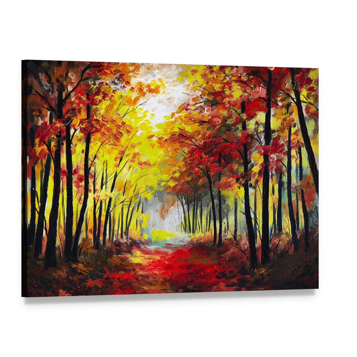 Colorful Autumn Forest Pathway Canvas Wall Art, single panel gallery wrapped canvas, angled product view