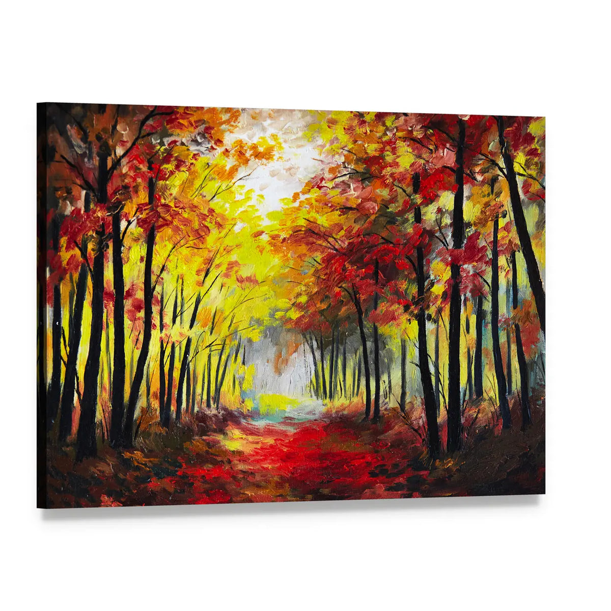 Colorful Autumn Forest Pathway Canvas Wall Art, single panel gallery wrapped canvas, angled product view