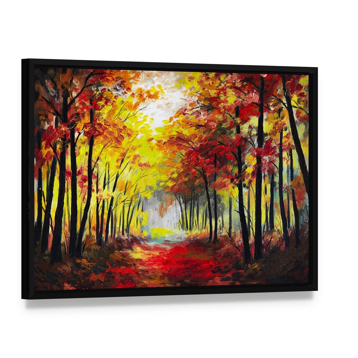 Colorful Autumn Forest Pathway Canvas Wall Art, framed canvas in a black floater frame, angled product view