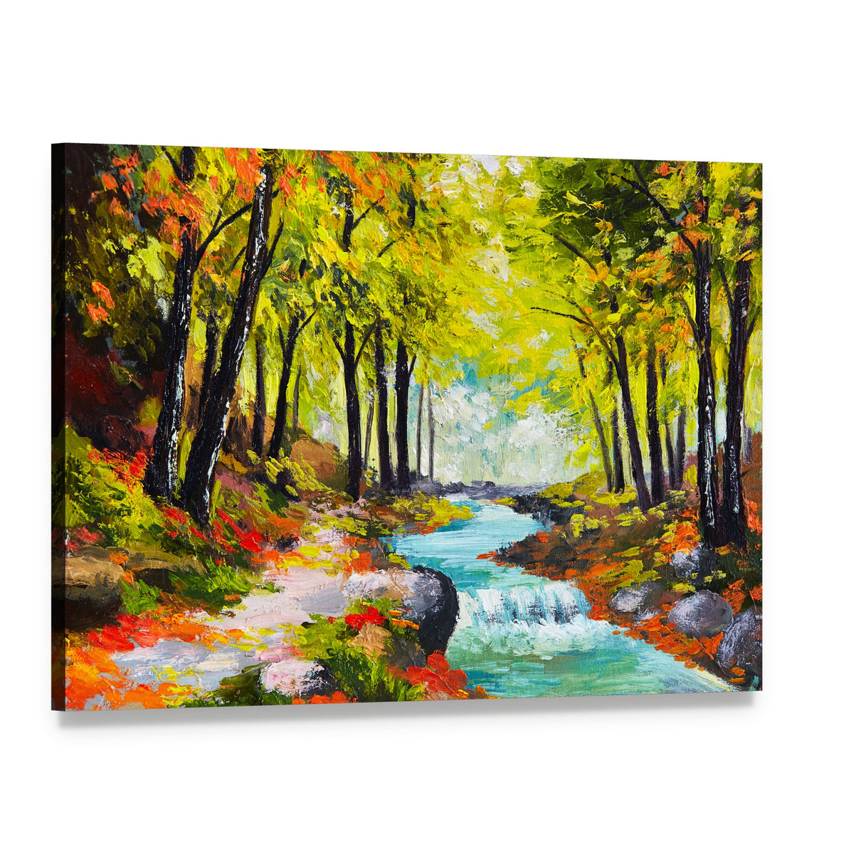 River in Autumn Forest Canvas Wall Art, single panel gallery wrapped canvas, angled product view