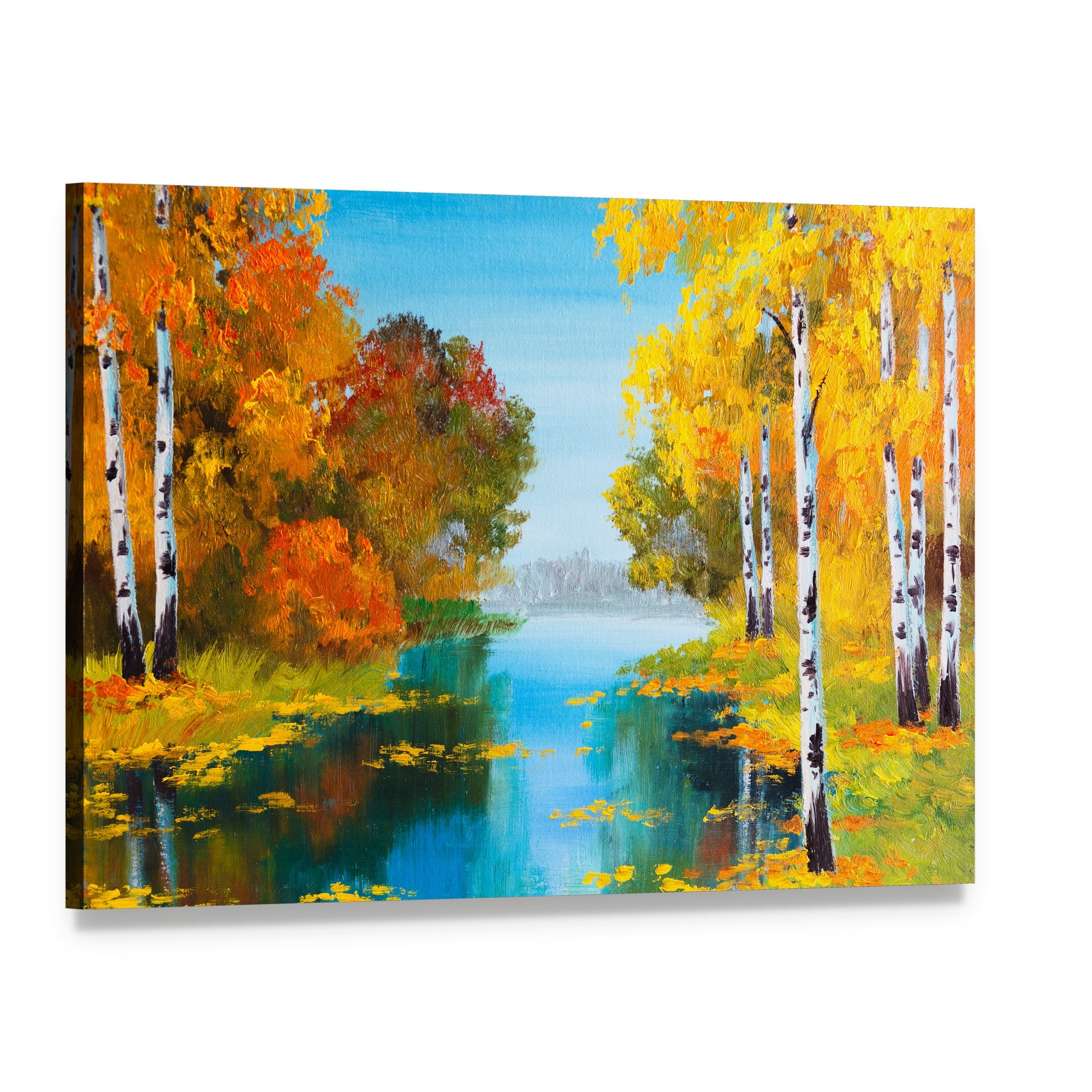 Birch Forest with River Canvas Wall Art, single panel gallery wrapped canvas, angled product view