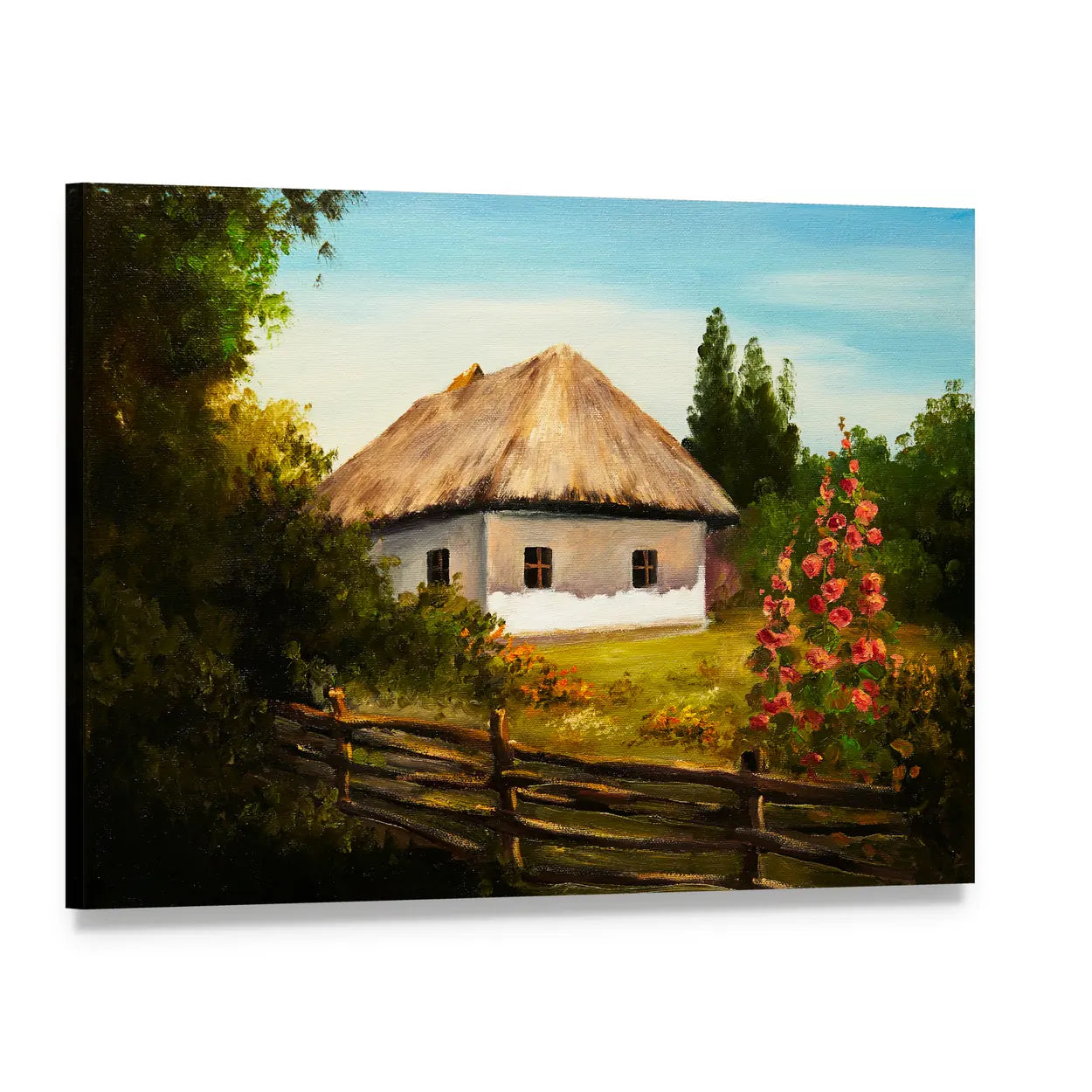 Thatched Cottage in Summer Countryside Canvas Wall Art, single panel gallery wrapped canvas, angled product view