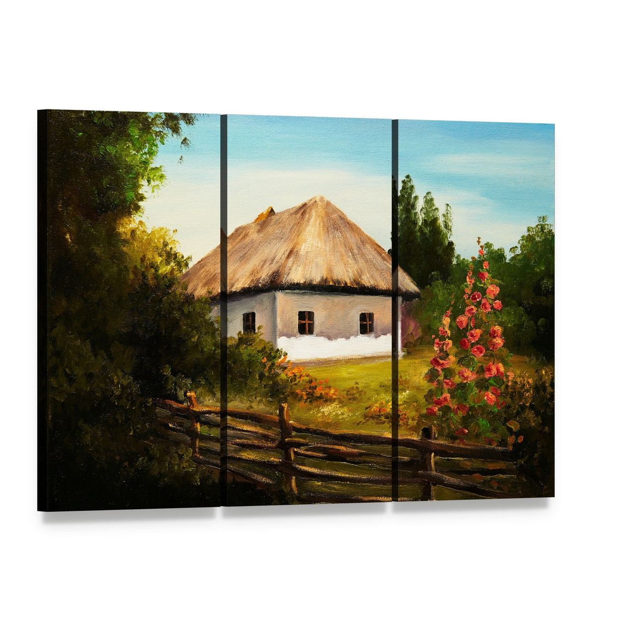 House in the Forest Canvas Wall Art, 3 panel 3 Horizontal layout gallery wrapped canvas set, angled product view