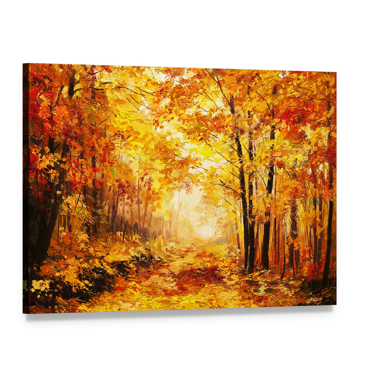 Yellow Autumn Forest Canvas Wall Art, single panel gallery wrapped canvas, angled product view
