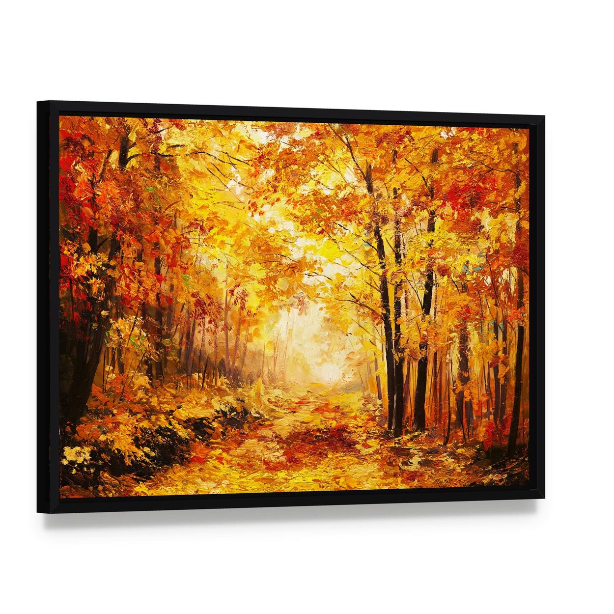Yellow Autumn Forest Canvas Wall Art, framed canvas in a black floater frame, angled product view