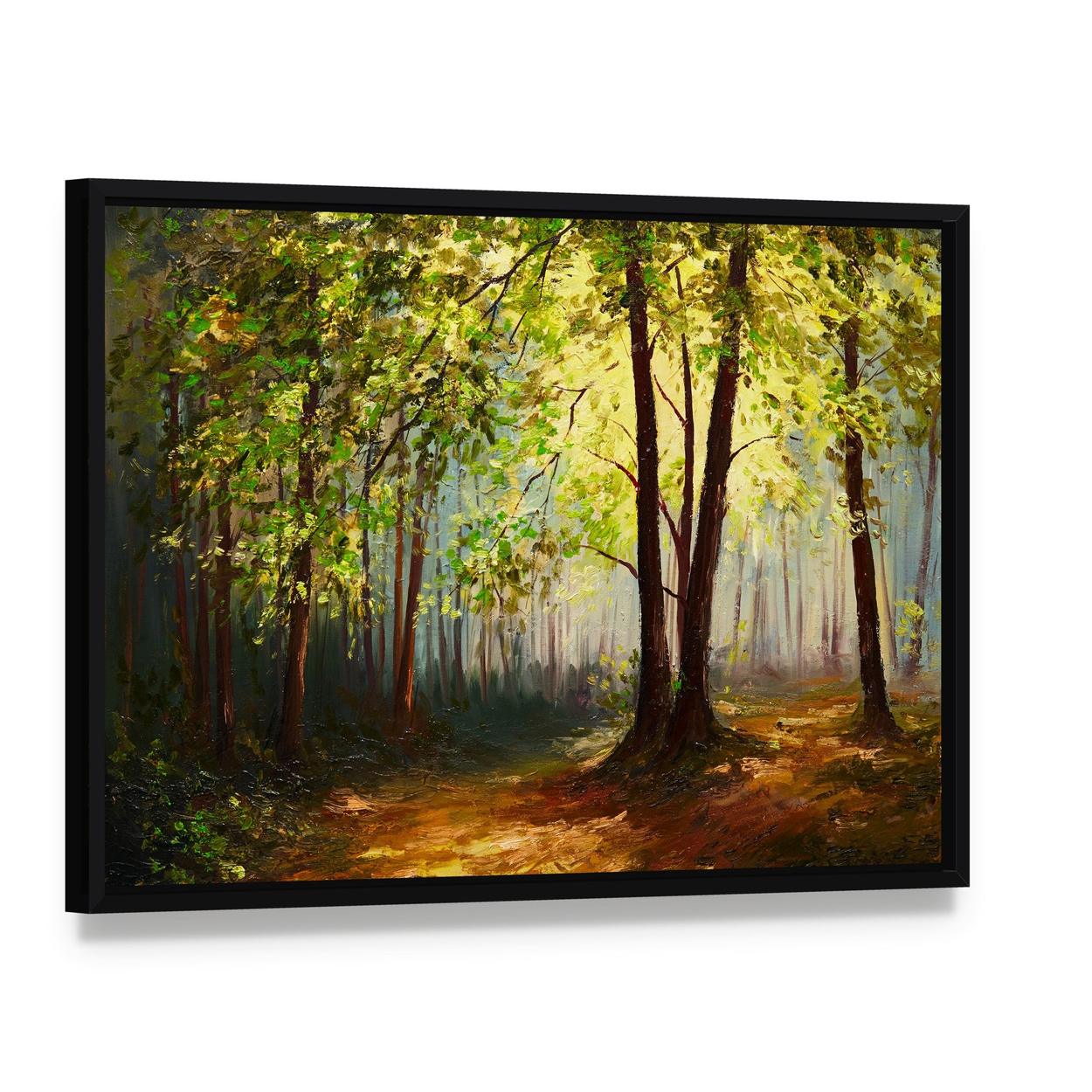 Summer Forest Abstract Canvas Wall Art, framed canvas in a black floater frame, angled product view