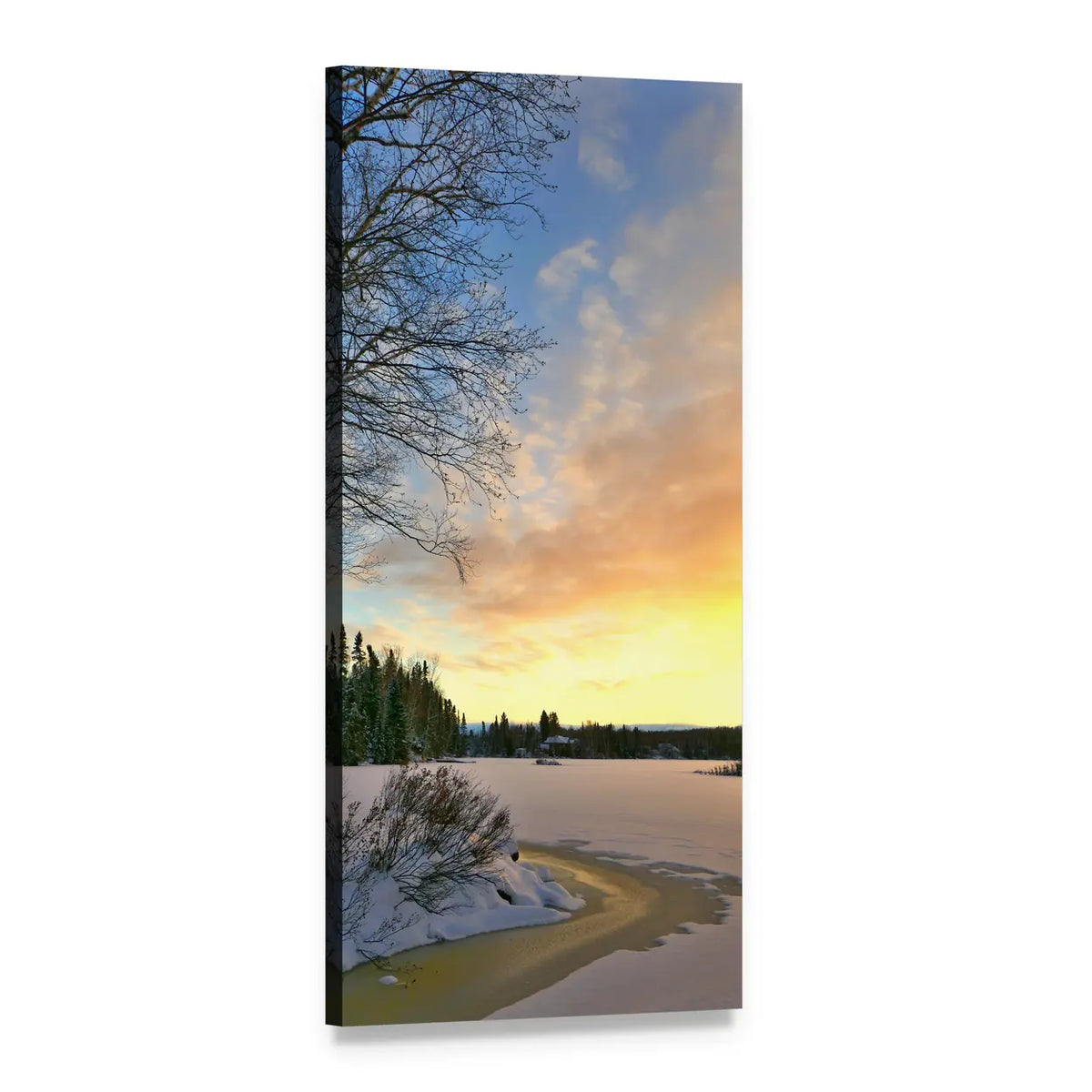 Winter Sunset Over Frozen Lake Vertical Canvas Wall Art, 1 panel 1 Vertical layout gallery wrapped canvas set, angled product view