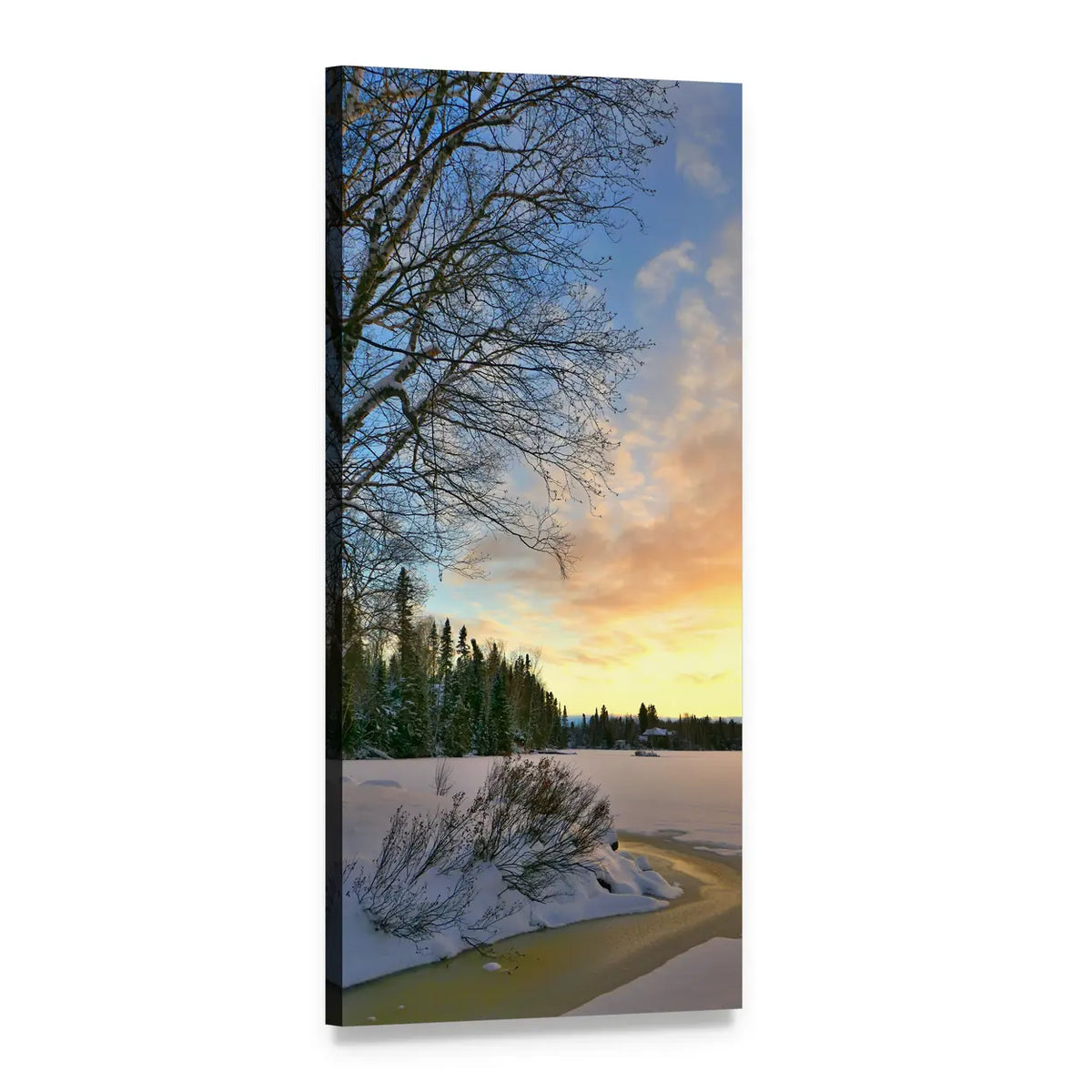 Winter Pathway at Dusk Vertical Canvas Wall Art, 1 panel 1 Vertical layout gallery wrapped canvas set, angled product view