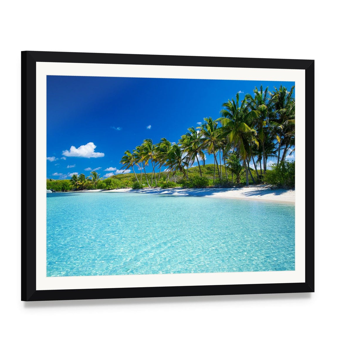 Palm Trees and Tropical Beach Canvas Wall Art, framed print with white mat and black frame, angled product view