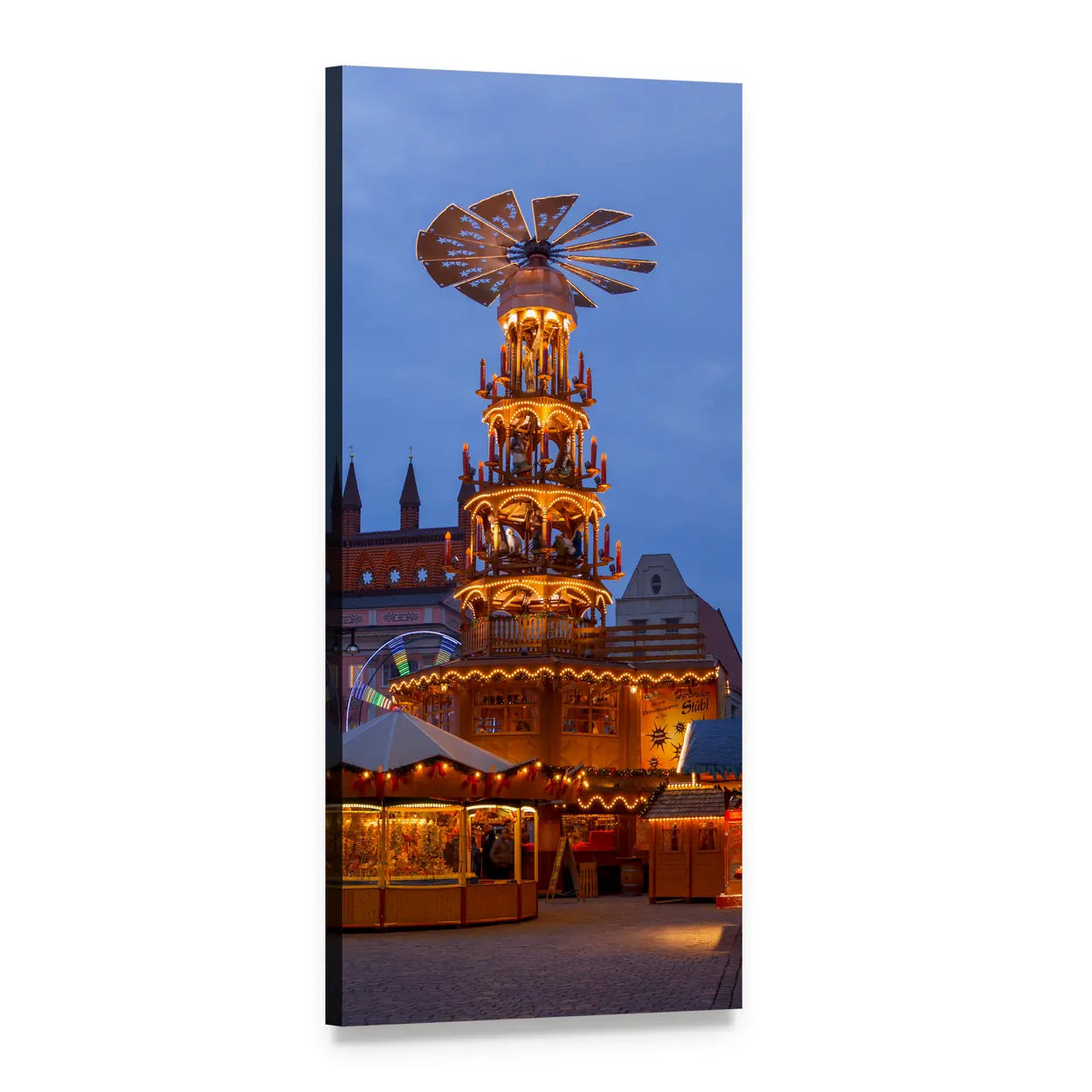 Christmas Market at Night Vertical Canvas Wall Art, 1 panel 1 Vertical layout gallery wrapped canvas set, angled product view