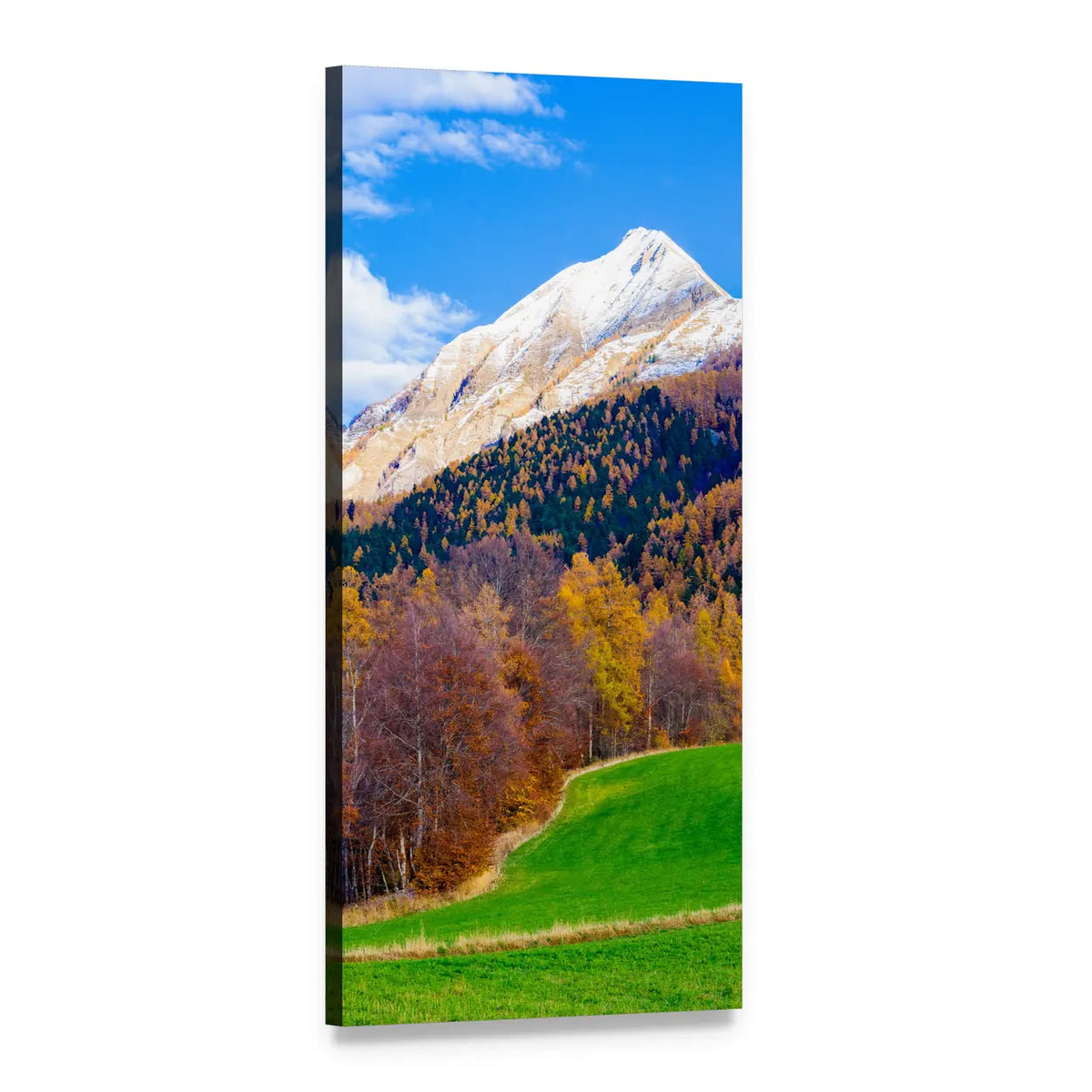 Autumn Mountain Landscape with Snow-capped Peak Vertical Canvas Wall Art, 1 panel 1 Vertical layout gallery wrapped canvas set, angled product view