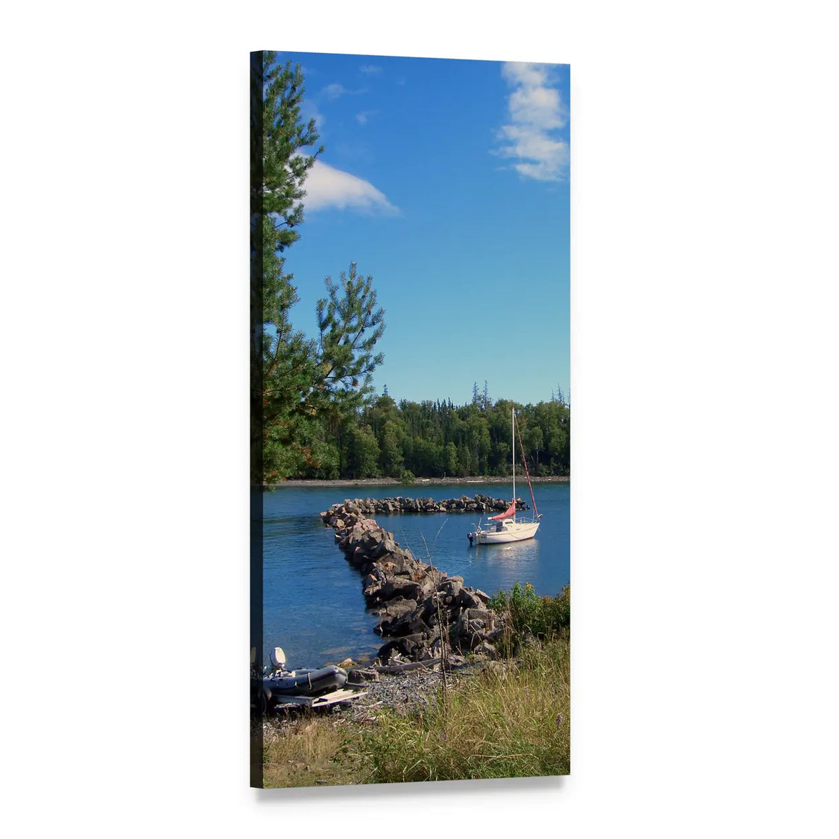 White Sailboat on Curving Rock Jetty Vertical Canvas Wall Art, 1 panel 1 Vertical layout gallery wrapped canvas set, angled product view