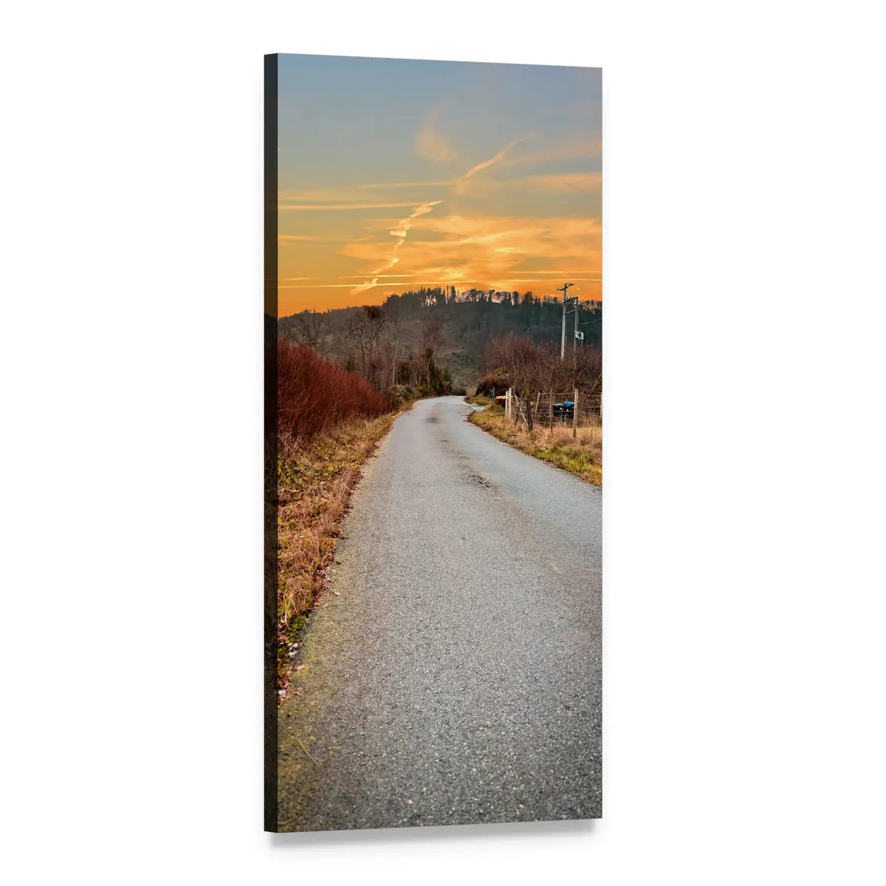Autumn Road at Sunset Vertical Canvas Wall Art, 1 panel 1 Vertical layout gallery wrapped canvas set, angled product view