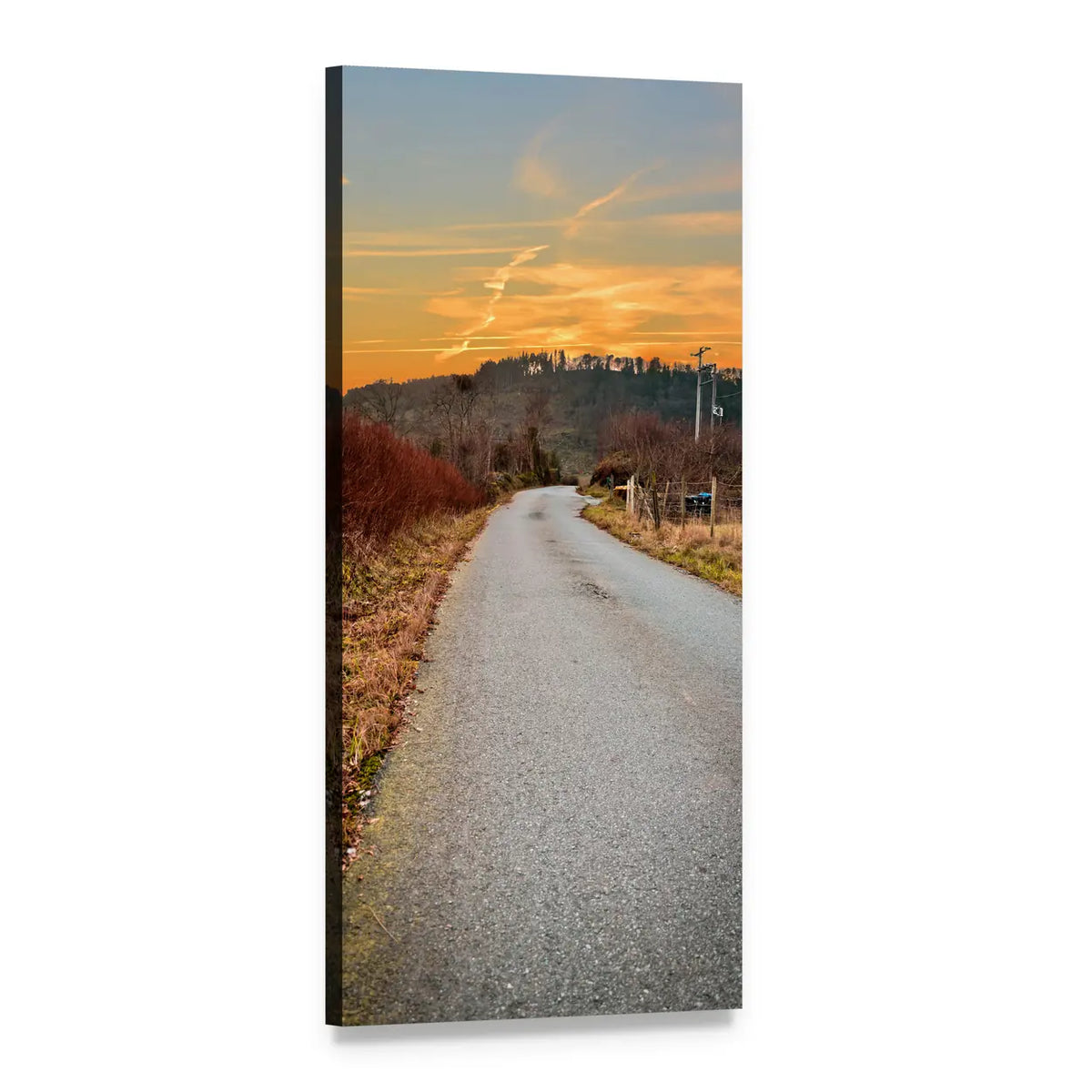 Autumn Road at Sunset Vertical Canvas Wall Art, 1 panel 1 Vertical layout gallery wrapped canvas set, angled product view