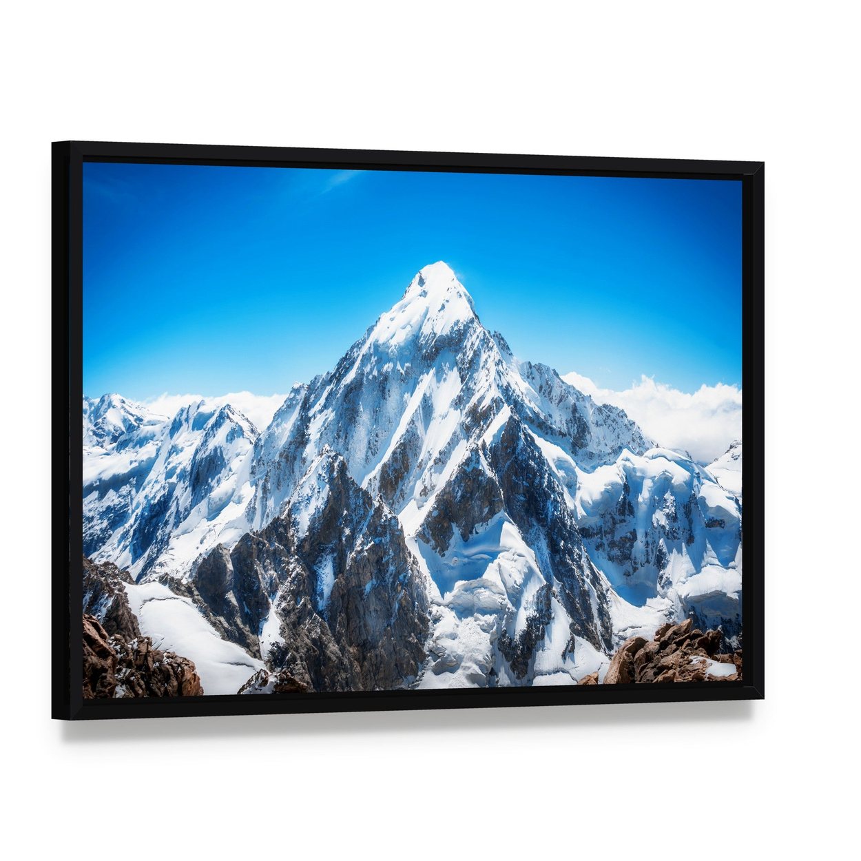 Everest Mountain Peak Canvas Wall Art, framed canvas in a black floater frame, angled product view
