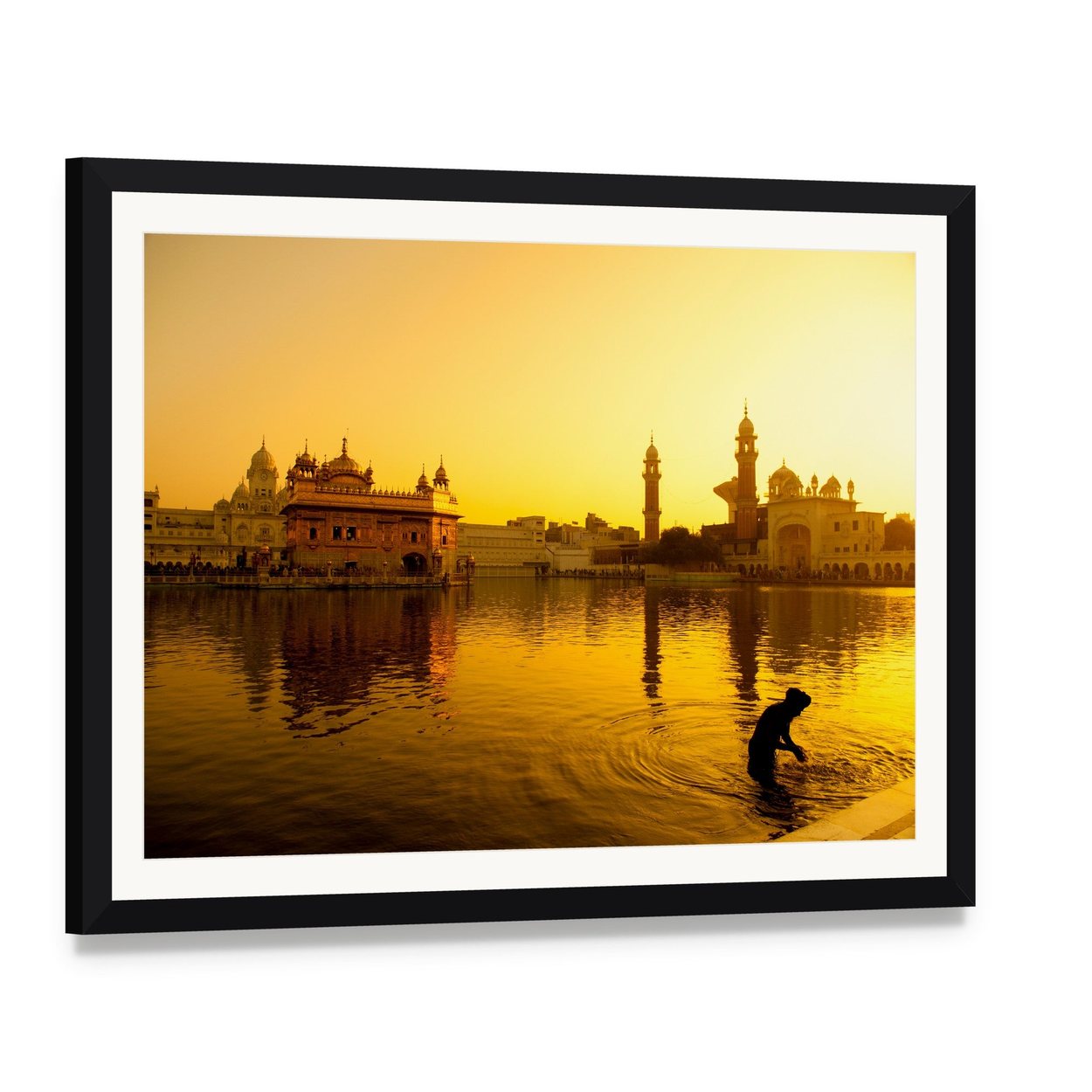 Sunset at Golden Temple in India Canvas Wall Art, framed print with white mat and black frame, angled product view