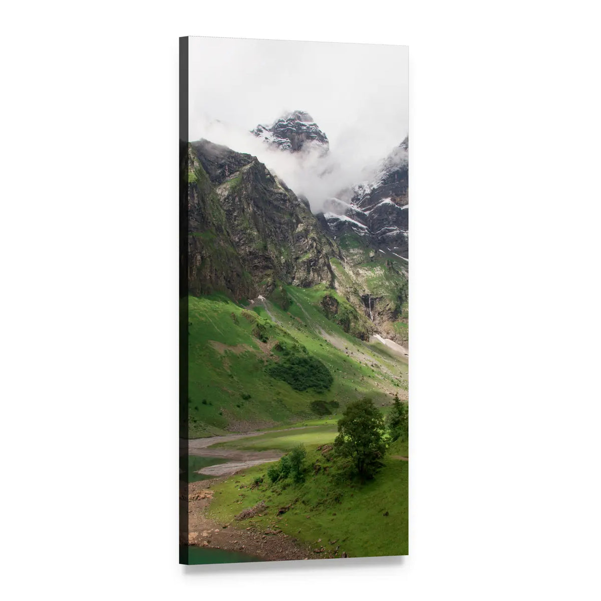 Swiss Mountain Valley with Snow-capped Peaks Vertical Canvas Wall Art, 1 panel 1 Vertical layout gallery wrapped canvas set, angled product view